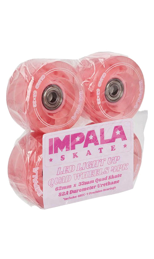Impala Light Up Roller Skate Wheels - 4 Pack Pink 62mm for Night Skating, Rink, and Outdoor Roller Derby - Glow in The Dark Wheels for Enhanced Visibility and Style