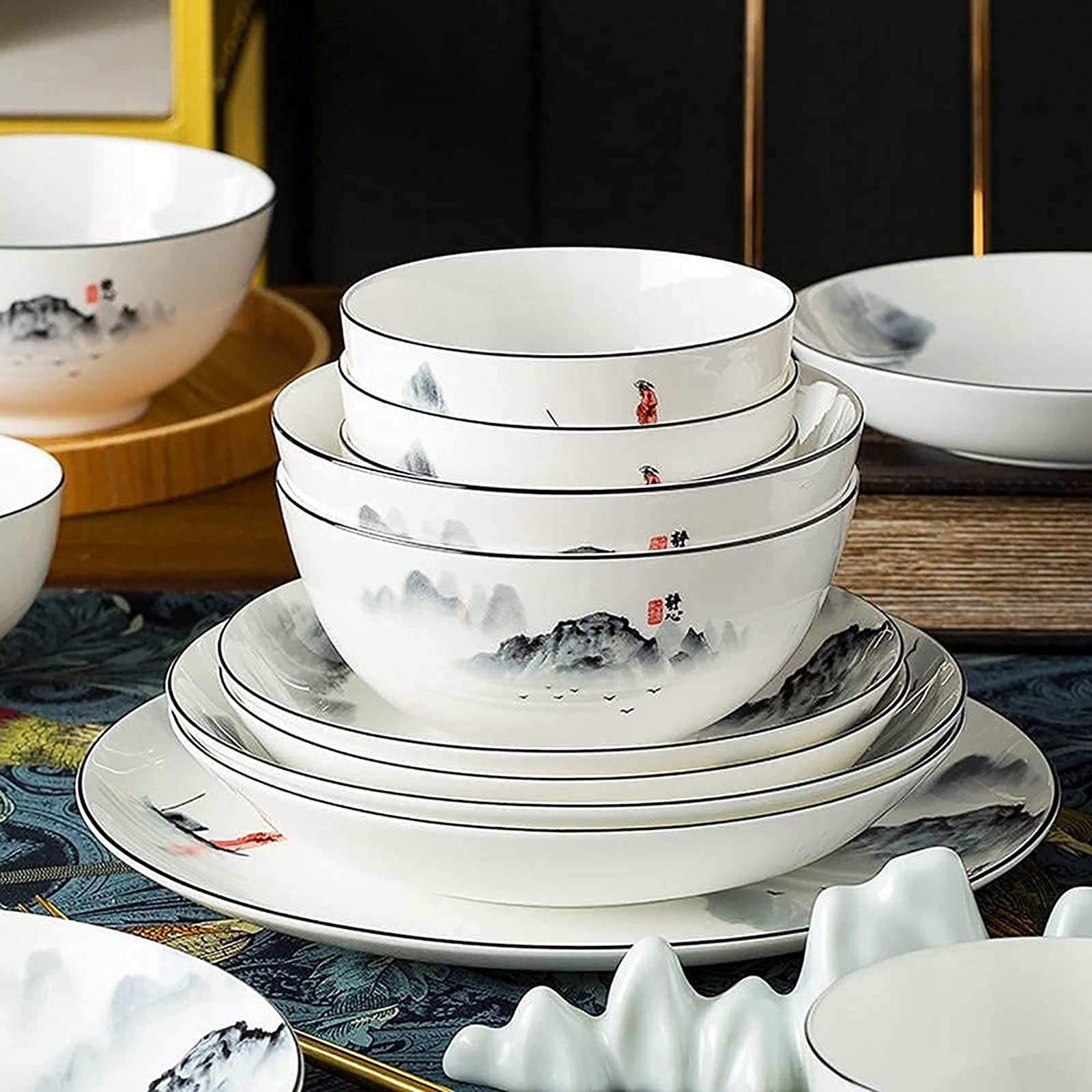 Elegant Black and White Dinnerware Set for 4/6/12 - 35-Piece Chinese-Inspired Tableware with Ancient Ink Painting Design - Perfect for Home, Kitchen, and Formal Dining Occasions