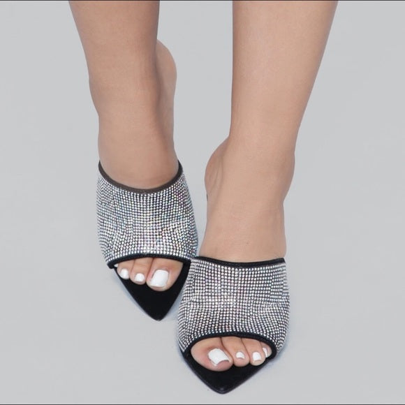 Black Rhinestone Mules for Women - Stylish Crystal Embellished Slip-On Shoes for Party, Wedding & Evening Events