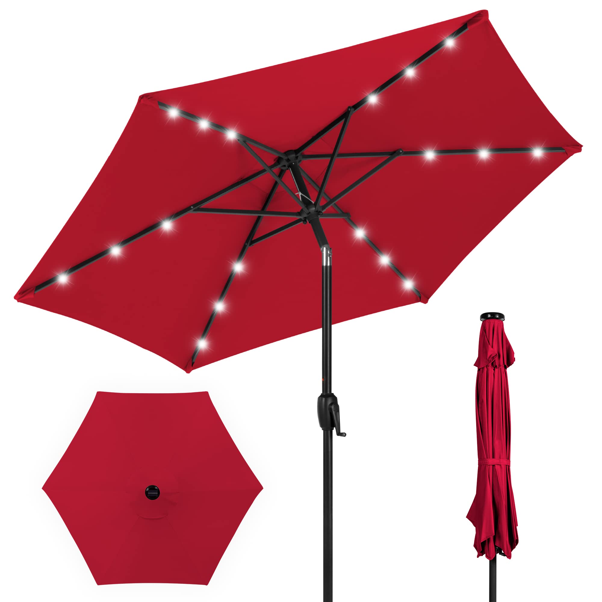 Best Choice Products 7.5ft Outdoor Solar-Powered LED Patio Umbrella with Tilt & Crank - Perfect for Deck, Poolside, Garden, and Backyard Relaxation (Red)