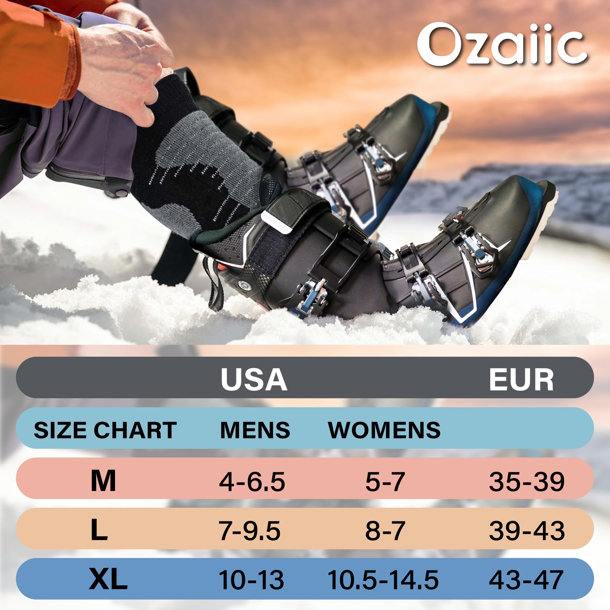 Merino Wool Ski Socks for Men & Women - 2 Pairs Warm Thermal Performance for Skiing & Snowboarding