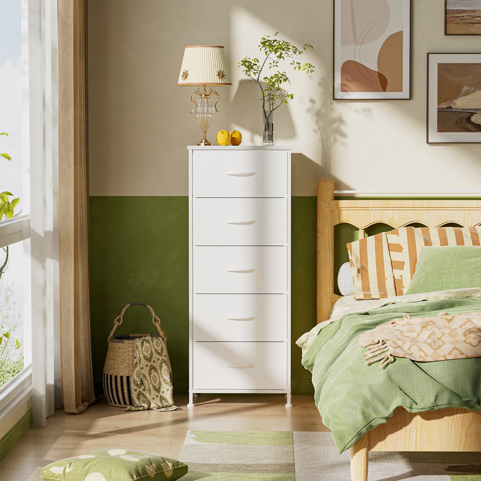 5-Drawer Tall Dresser Organizer with Fabric Bins - White Wood Texture & Leather Finish - Bedroom Storage Tower for Closet, Dorm, Apartment - Perfect for Clothes, Toys, and Home Organization