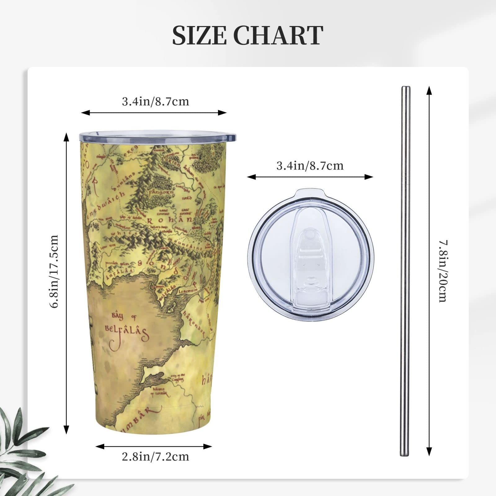 Middle Earth Map Stainless Steel Skinny Tumbler 20oz - Double Wall Insulated Travel Mug with Splash Proof Lid, Straw & Cleaning Brush - Perfect for Coffee, Tea & Cold Drinks at Home, Office or Outdoor Adventures