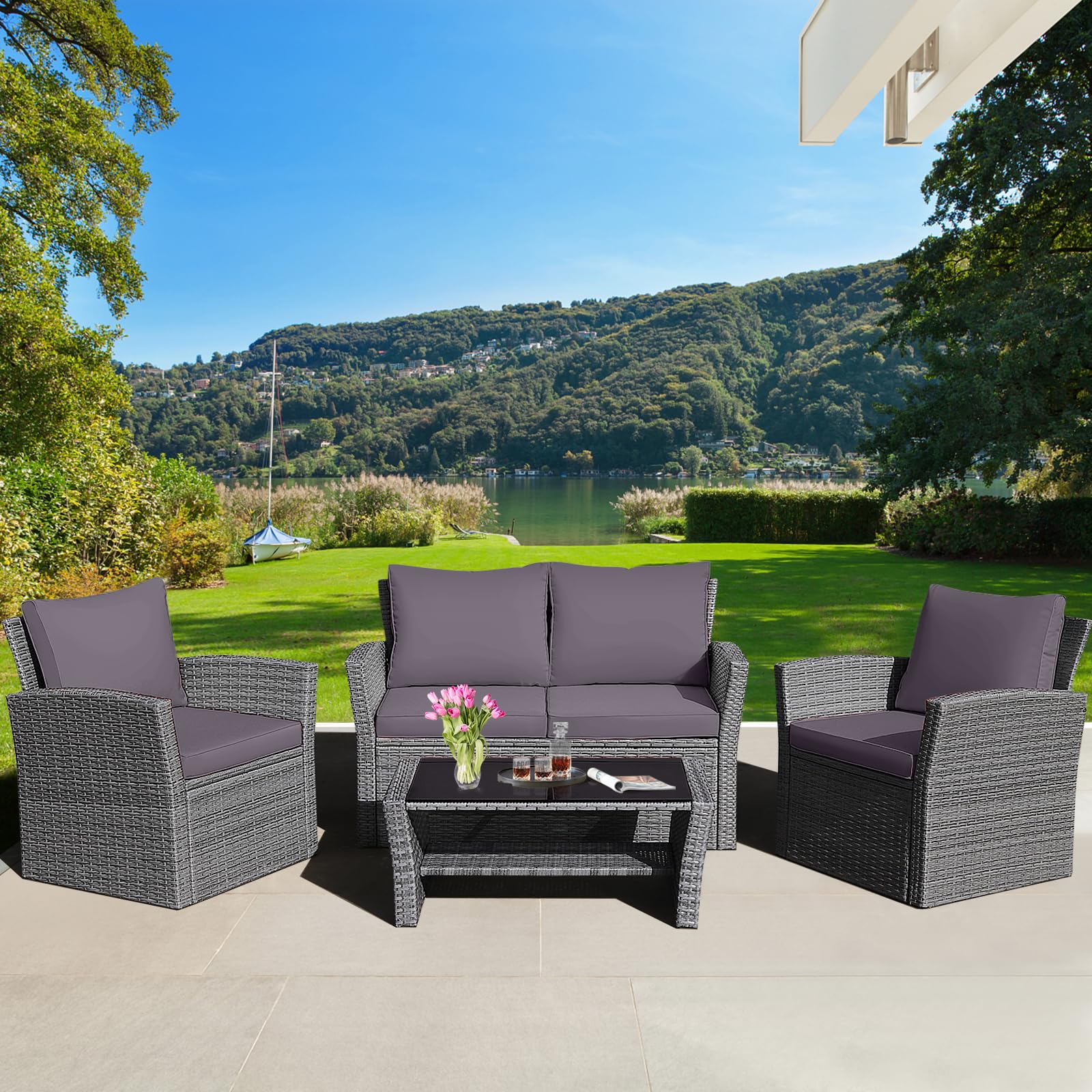 HAPPYGRILL 4-Piece Outdoor Rattan Furniture Set with Cushions & Coffee Table - Patio Conversation Sofa Set for Garden, Porch, Balcony, Poolside - Perfect for Relaxing, Entertaining & Outdoor Dining
