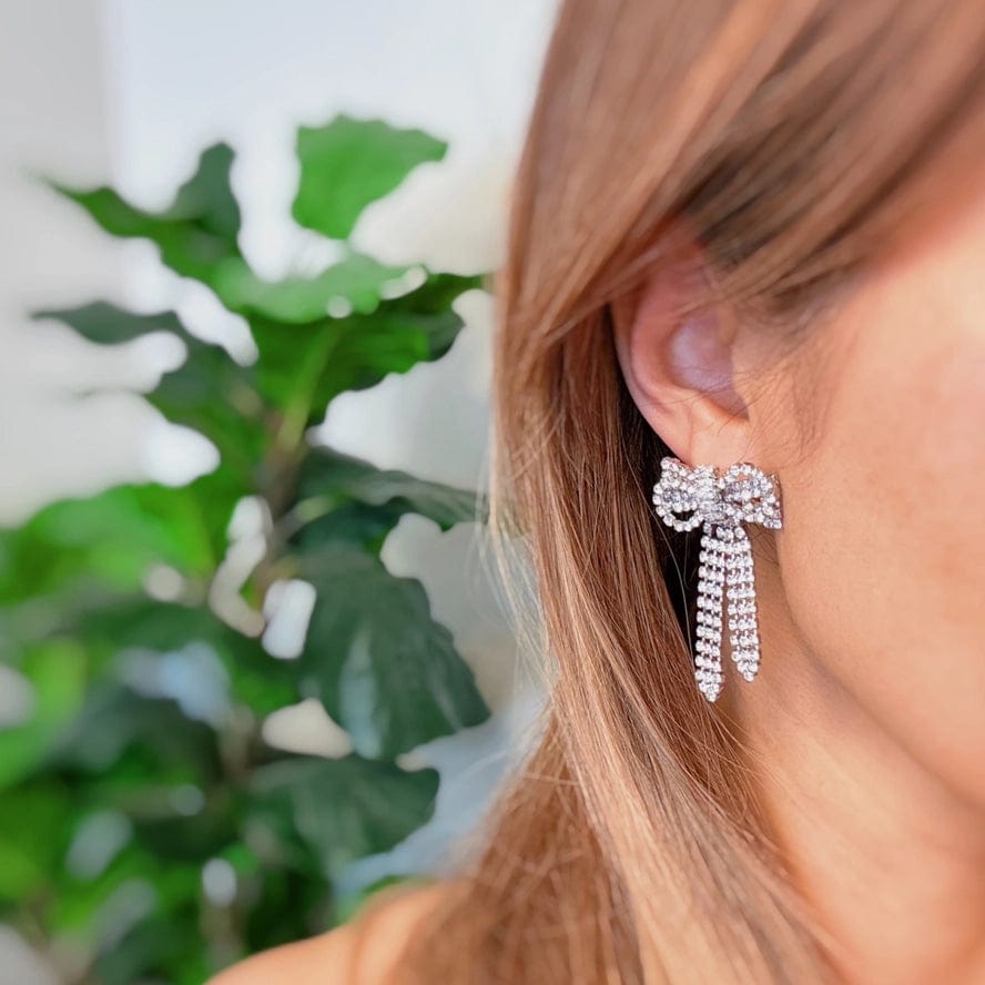 Elegant Silver Rhinestone Bow Drop Earrings for Women - Perfect for Weddings, Parties & Special Occasions