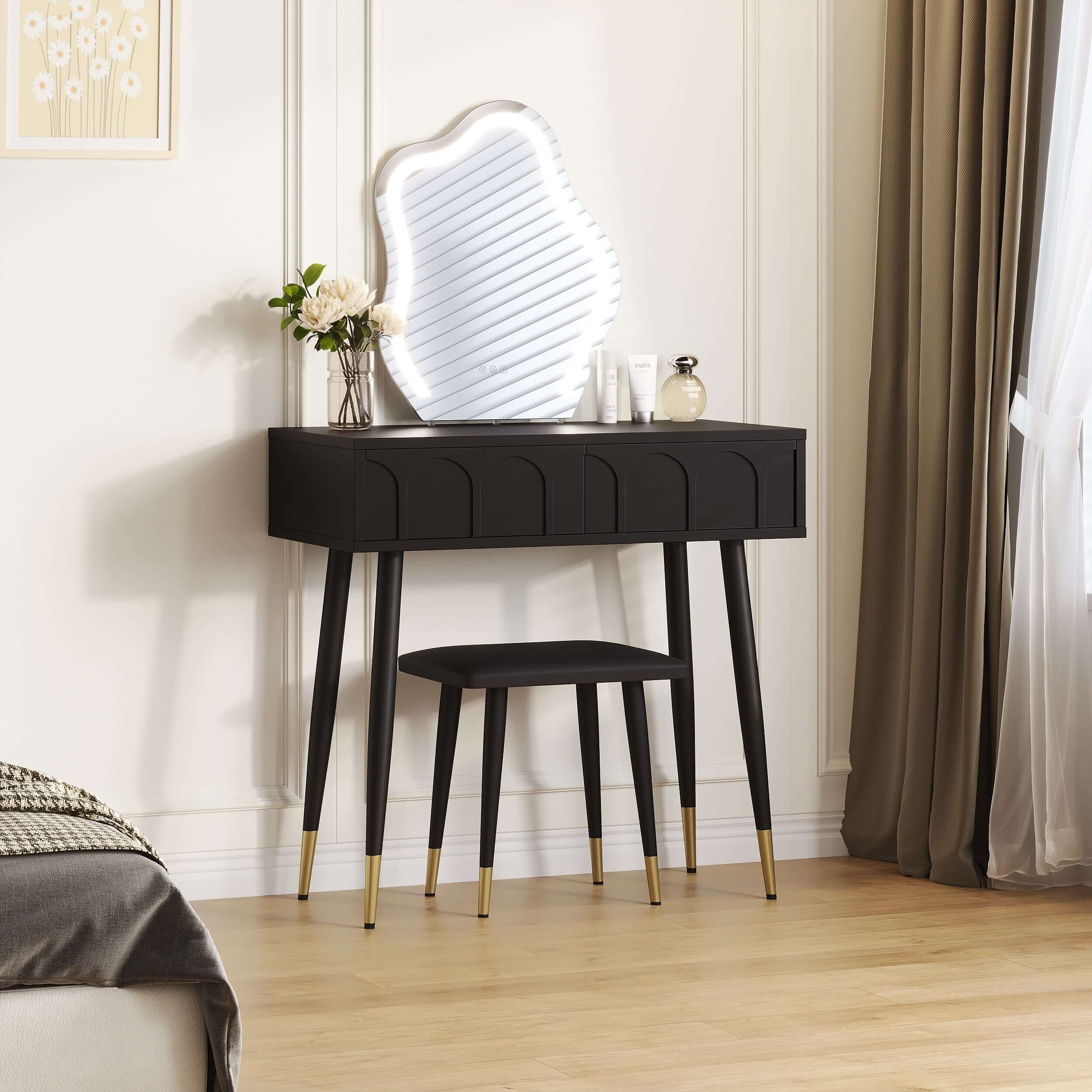 White & Black 31.5 Inch Two-Drawer Dresser with Mirror and Matching Chair - Perfect for Bedroom, Dorm Room or Guest Room Organization