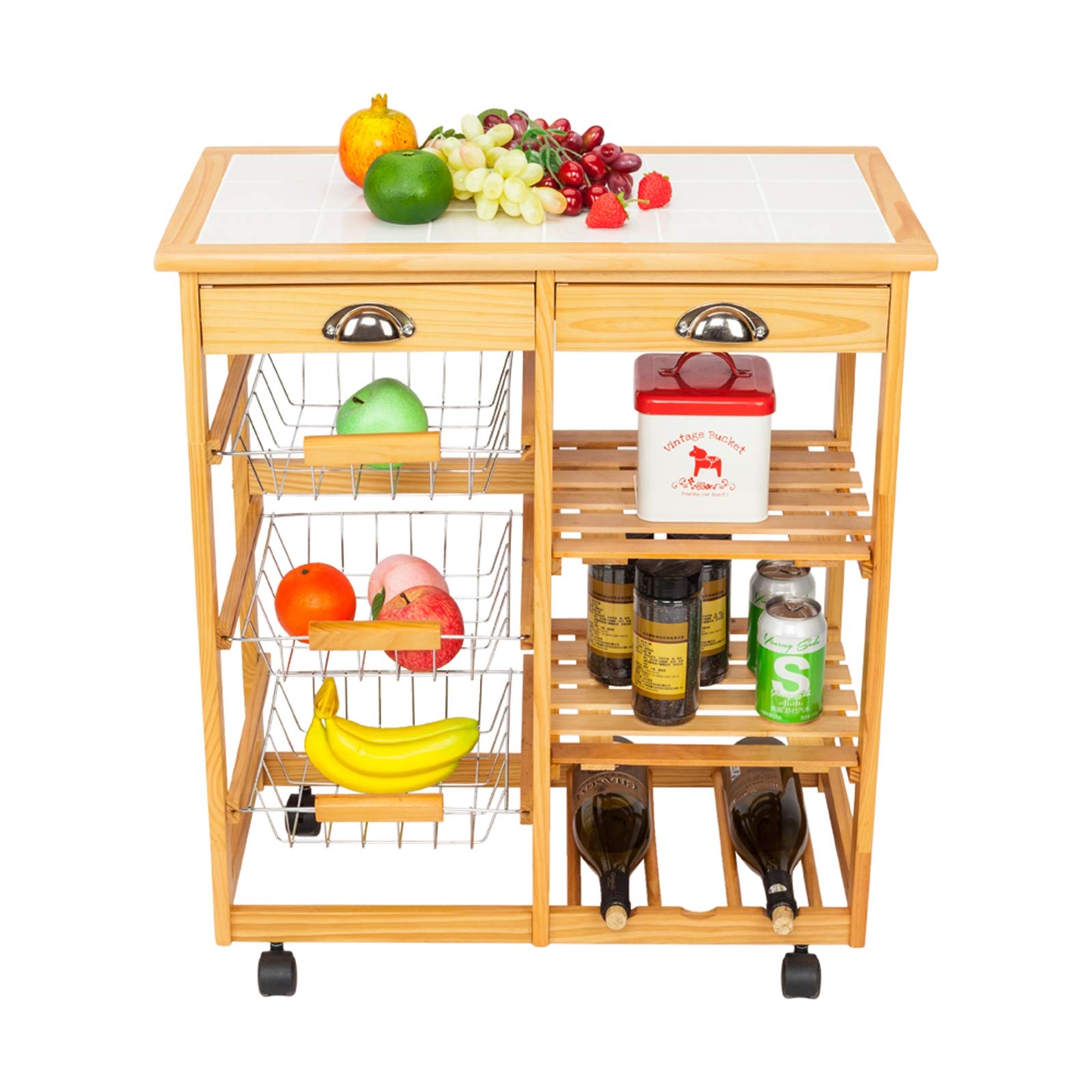 2-Drawer Rolling Kitchen Cart with Removable Storage Shelf - Wooden Mobile Organizer for Dining Room, Pantry, or Small Space Storage