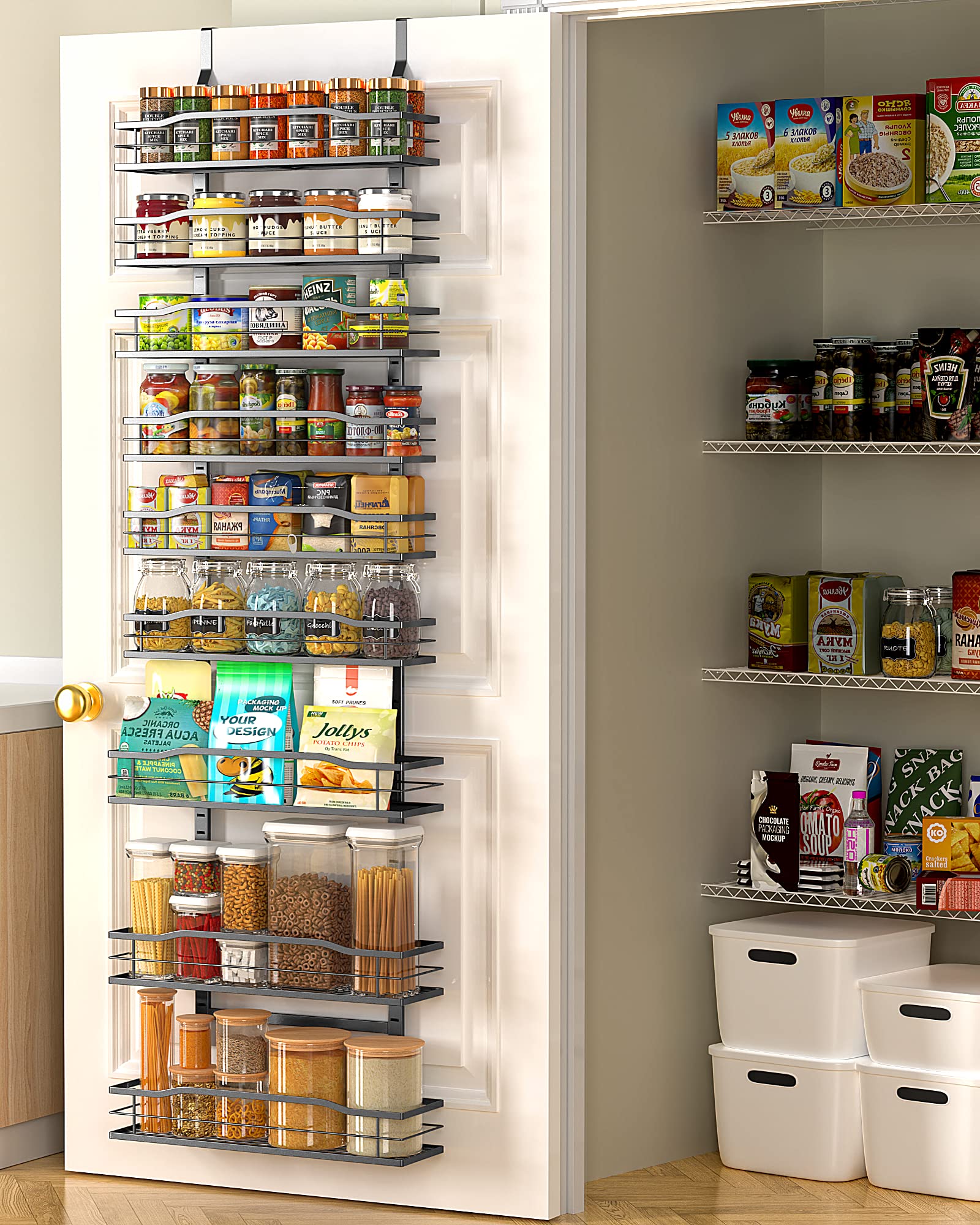 Moforoco 9-Tier Over The Door Pantry Organizer - Space Saving Hanging Storage Basket for Spices, Seasonings & Kitchen Essentials - Perfect for Pantry, Bedroom, Bathroom & Home Organization (Black)