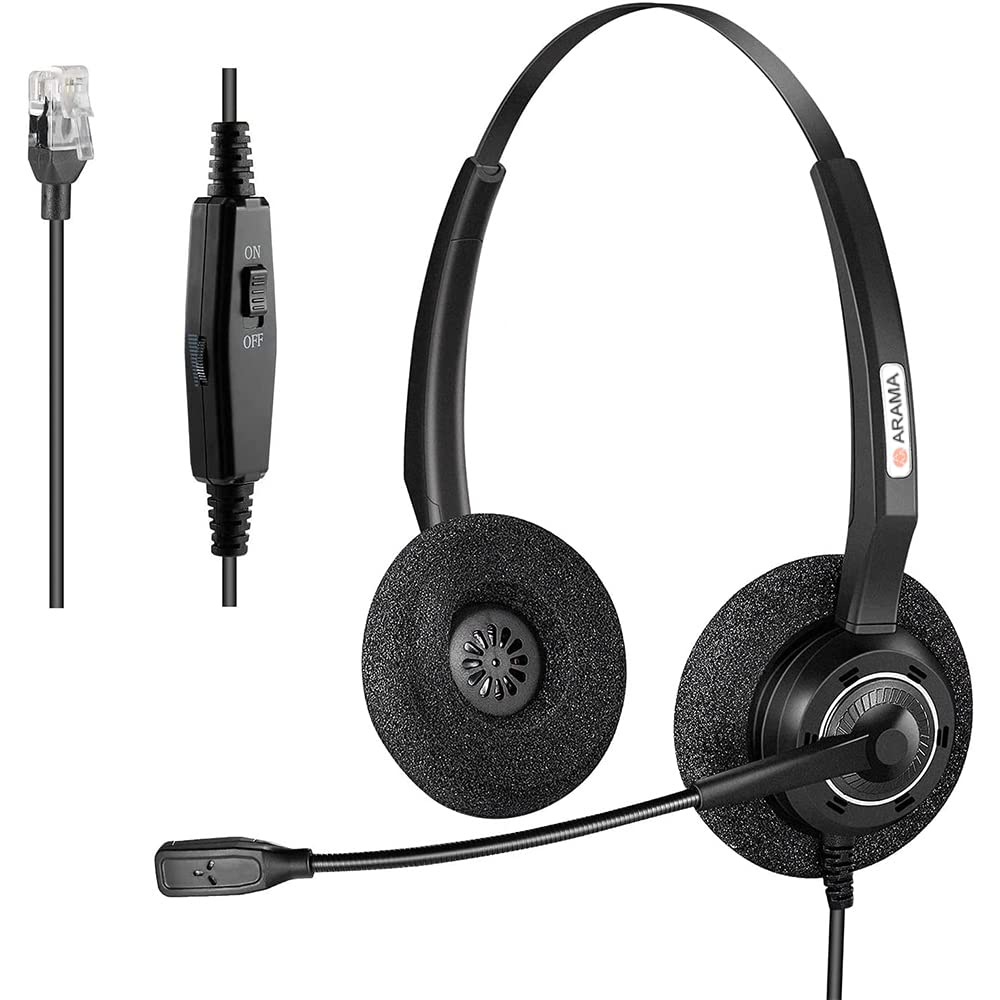Noise Canceling Phone Headset with Microphone & Mute Switch - RJ9 Compatible with Polycom, Mitel, Fanvil, Huawei, Shoretel, NEC, Siemens, Aastra, Plantronics Landline Phones - Perfect for Call Centers, Office & Remote Work