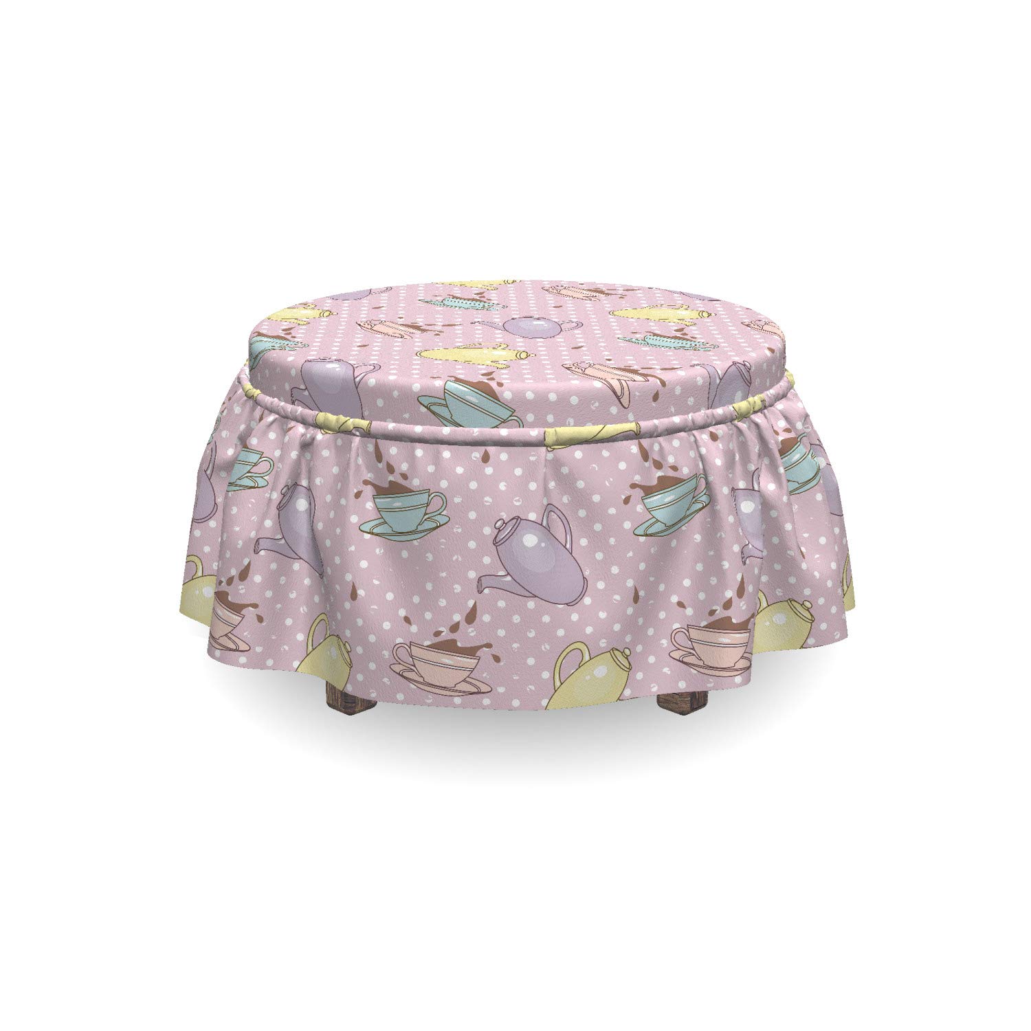 Ambesonne Tea Party Ottoman Cover Set - 2 Piece Polka Dot Slipcovers with Ruffle Skirt for Square/Round Footstools | Standard Size in Lilac, Turquoise & Pale Green | Perfect for Living Room Decor, Nursery Accent & Cozy Home Styling
