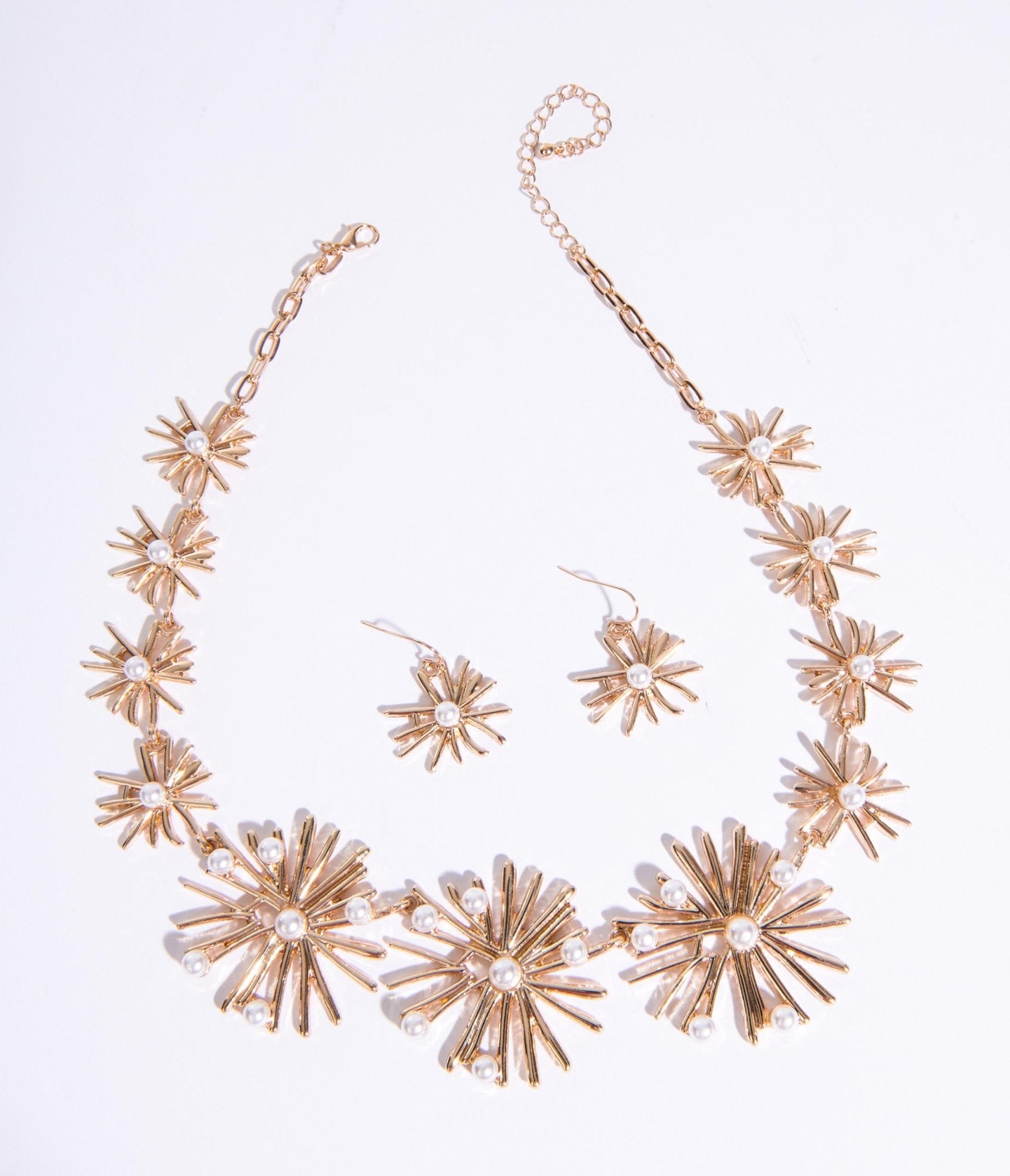Golden Starburst & Pearl Necklace and Earring Set for Women - Elegant Bridal Jewelry, Wedding Gift, Party Accessories