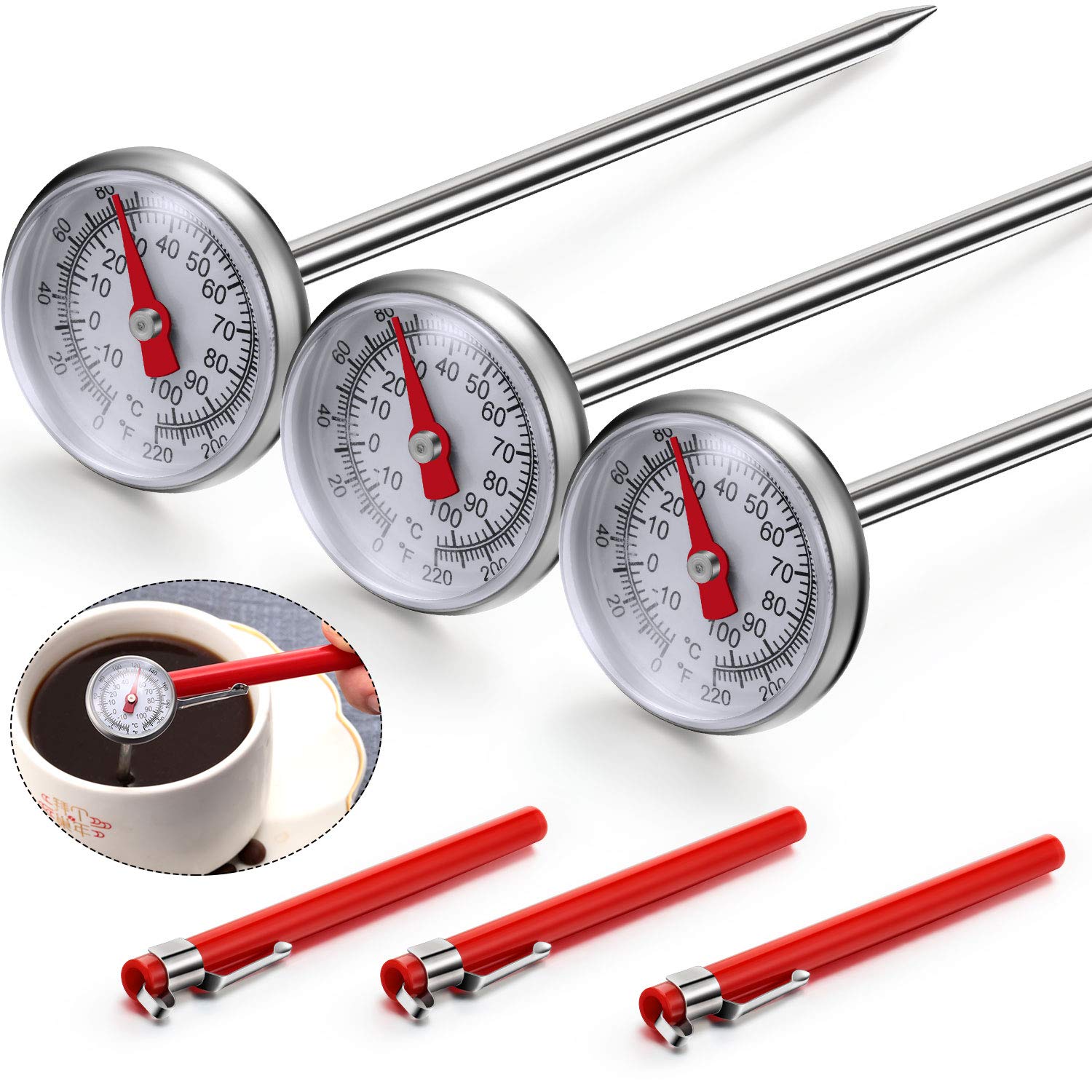 Frienda 3-Pack Instant Read 1-Inch Dial Thermometer - Pocket Food Thermometer with Calibration Sleeves for Coffee, Drinks, Chocolate, Milk Foam - Perfect for Home Brewing, Cooking, Baking & Candy Making