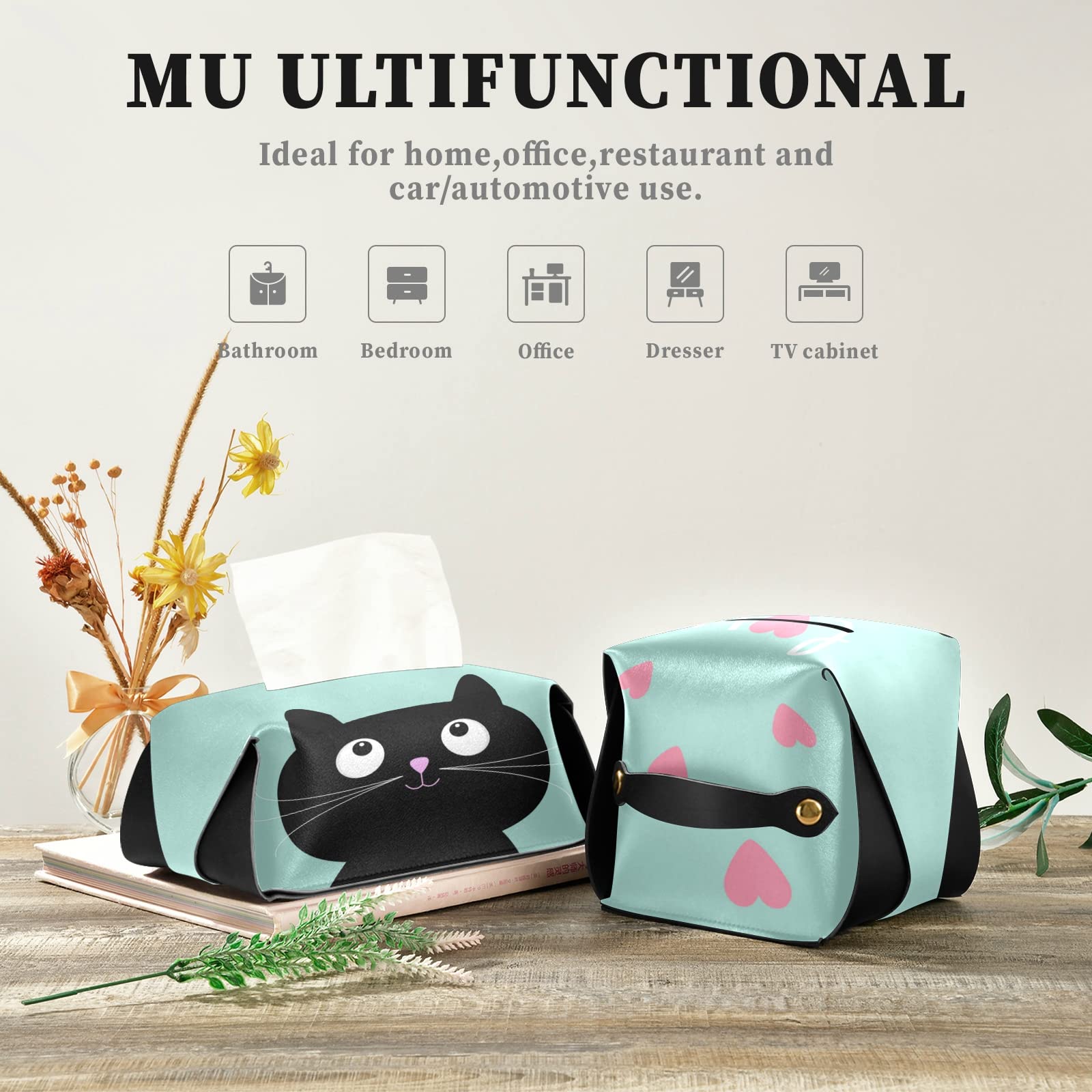 ALAZA Cartoon Cat Kitten Heart Leather Tissue Box Cover - Cute Home & Office Tissue Box Holder Organizer (5.7 x 5.7 x 5.7 Inches) - Perfect for Bathroom, Desk, Living Room & Gift Giving