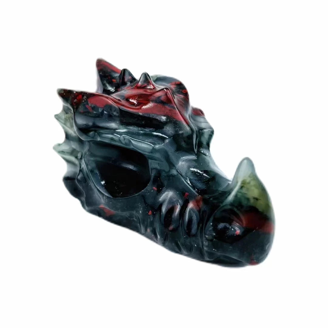 Hand-Carved Natural Crystal Dragon Skull Sculpture - Bloodstone Collectible Art Piece for Home Decor, Office Display & Unique Gift Idea