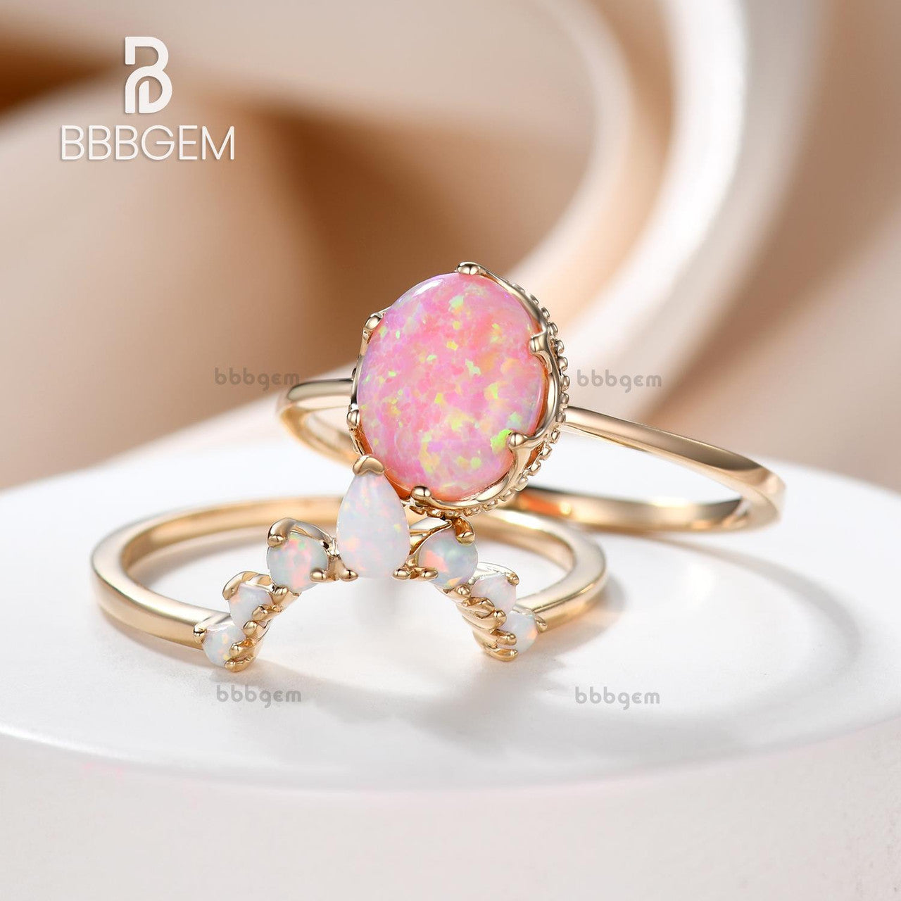 Vintage Opal Wedding Ring Set - Oval Pink Fire Opal Engagement Ring for Women - Perfect for Bridal, Anniversary & Special Occasion Gifts