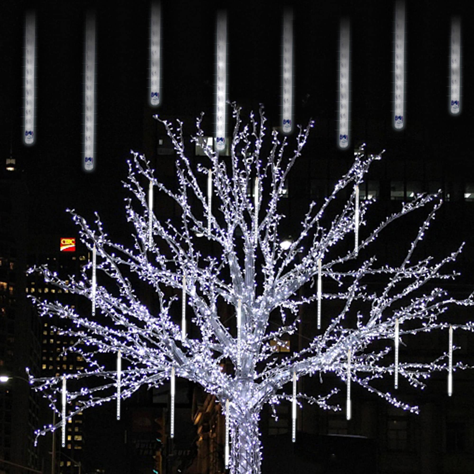 LJLNION 12 Inch Meteor Shower Icicle Lights - 288 LED Outdoor Christmas Lights with 8 Snowfall Tubes for Holiday, Wedding, Party & Tree Decoration - White (Perfect for Roof, Yard, Garden & Indoor Decor)