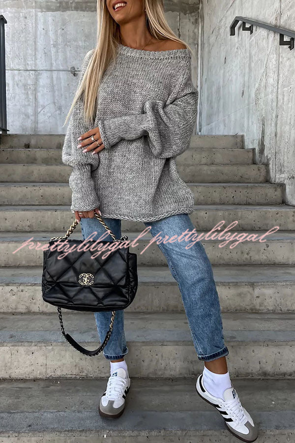 Casual Street Style Oversized Knit Sweater for Women - Cozy Loose Fit Wide Neck Pullover for Fall & Winter Fashion
