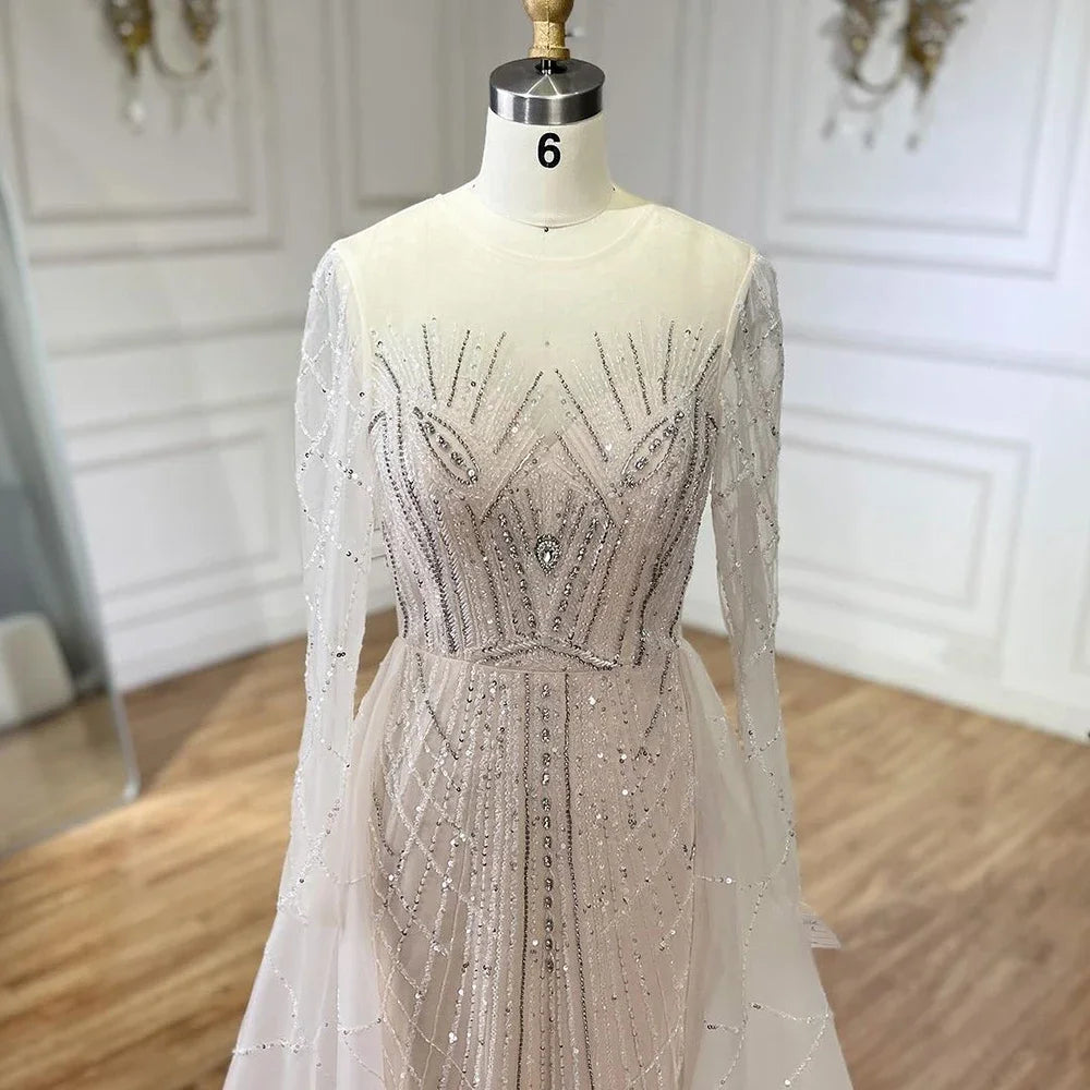 Elegant Beige Muslim Mermaid Evening Gown with Beaded Details - Luxury Overskirt Party Dress for Women 2025 | Perfect for Weddings, Galas & Formal Events