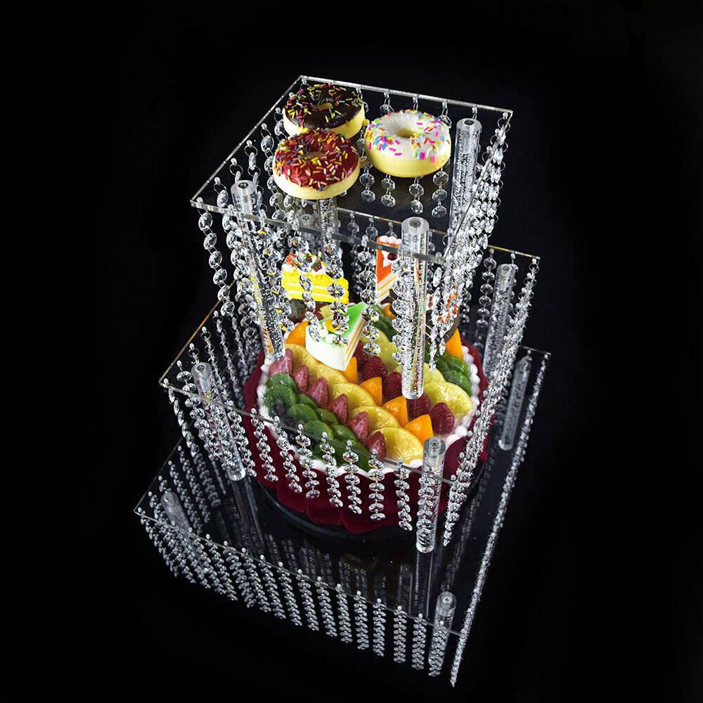 3 Tier Square Crystal Cake Stand Set - Elegant Wedding Dessert Display for Cupcakes, Cakes & Pastries - Silver Finish for Bridal Showers, Birthday Parties & Tea Events