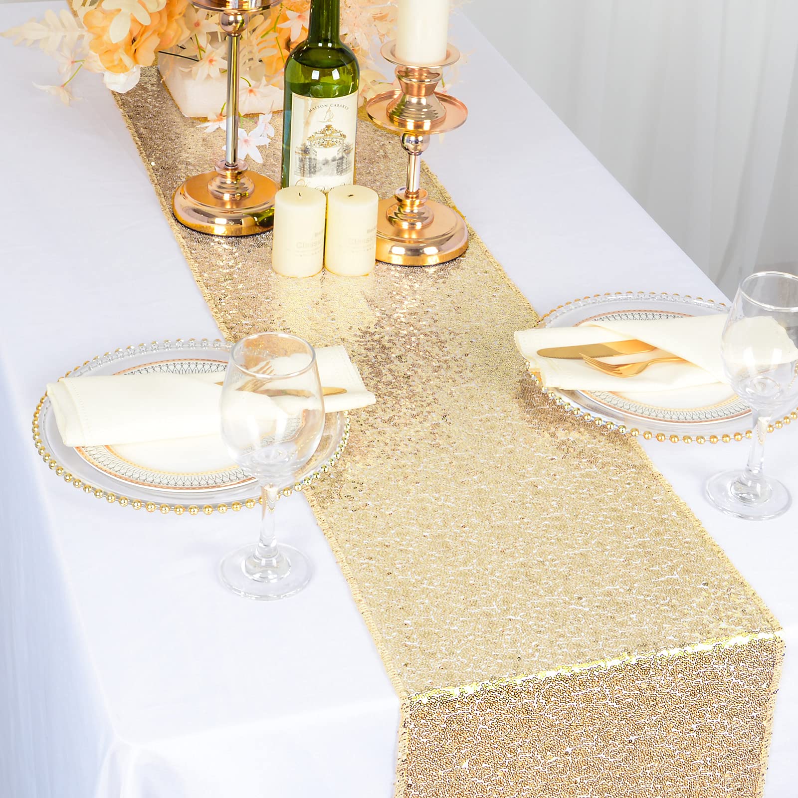ShiDianYi Sequin Table Runner - 14x108 Inch Light Gold Glitter Table Cover for Weddings, Bridal Showers & Parties - Sparkly Decorative Runner for Dining Tables, Buffets & Events