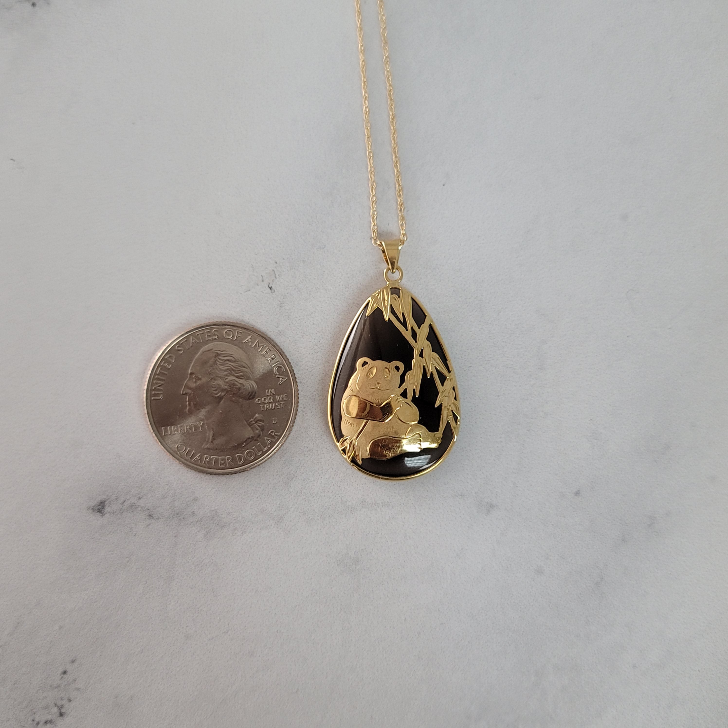 14K Yellow Gold Panda Design Pear Shaped Smoky Quartz Jade Necklace - Elegant Jewelry for Women, Perfect Gift for Birthday, Anniversary & Special Occasions
