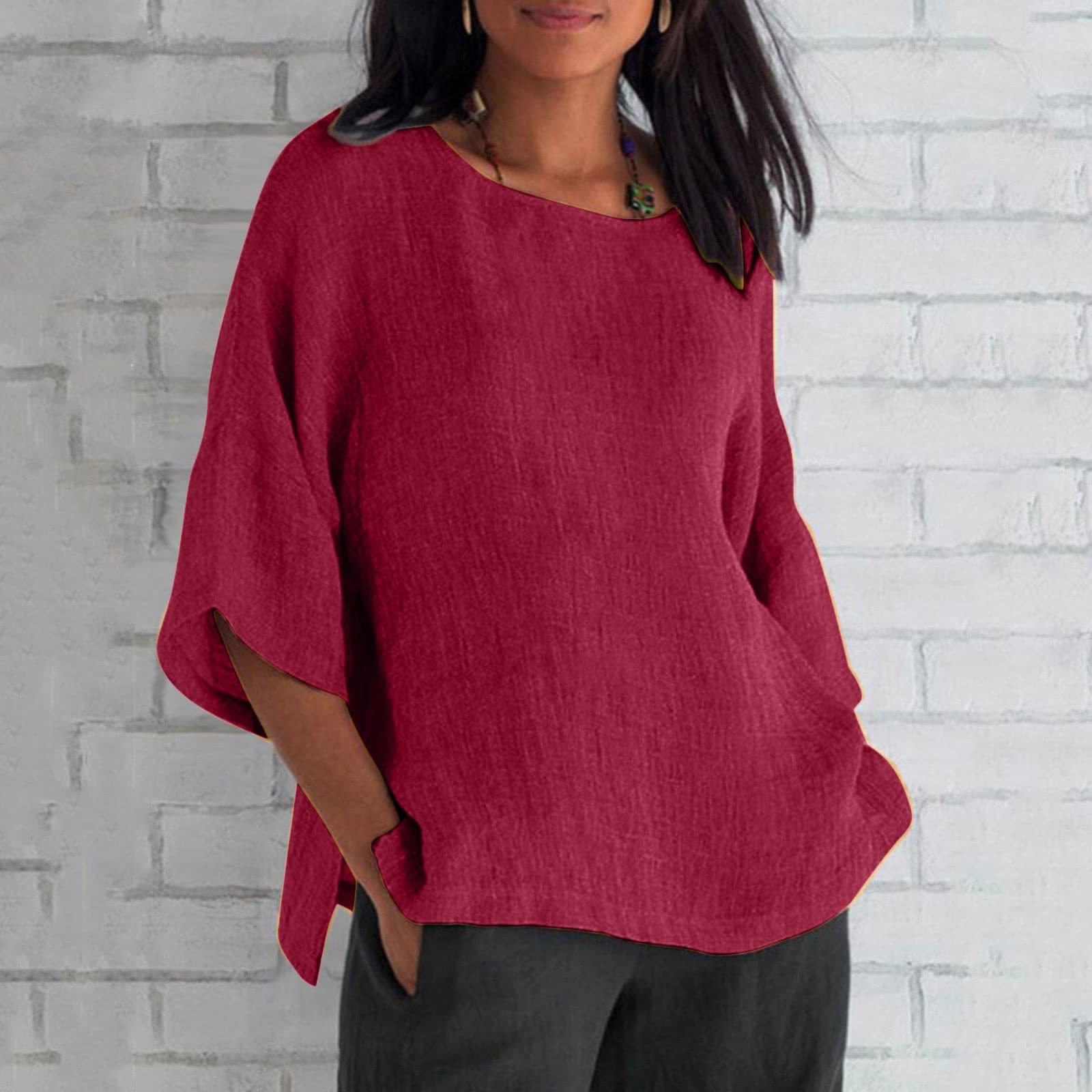 APIVOE Women's Cotton Linen Shirt - 3/4 Sleeve Summer Blouse for Casual & Dressy Wear