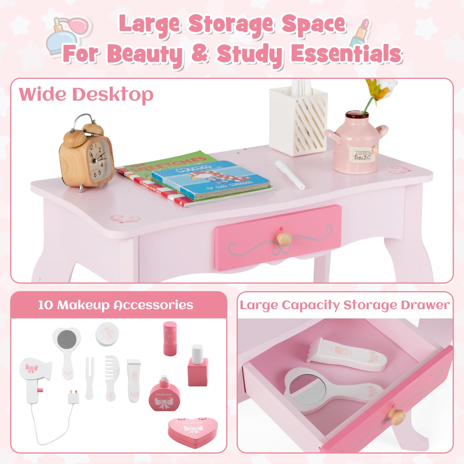 INFANS Kids Vanity Set - 2-in-1 Princess Makeup Table & Chair with Tri-Fold Mirror, 10 Accessories, Wooden Dressing Table for Girls - Perfect for Birthday Gifts, Pretend Play & Room Decor (Pink)