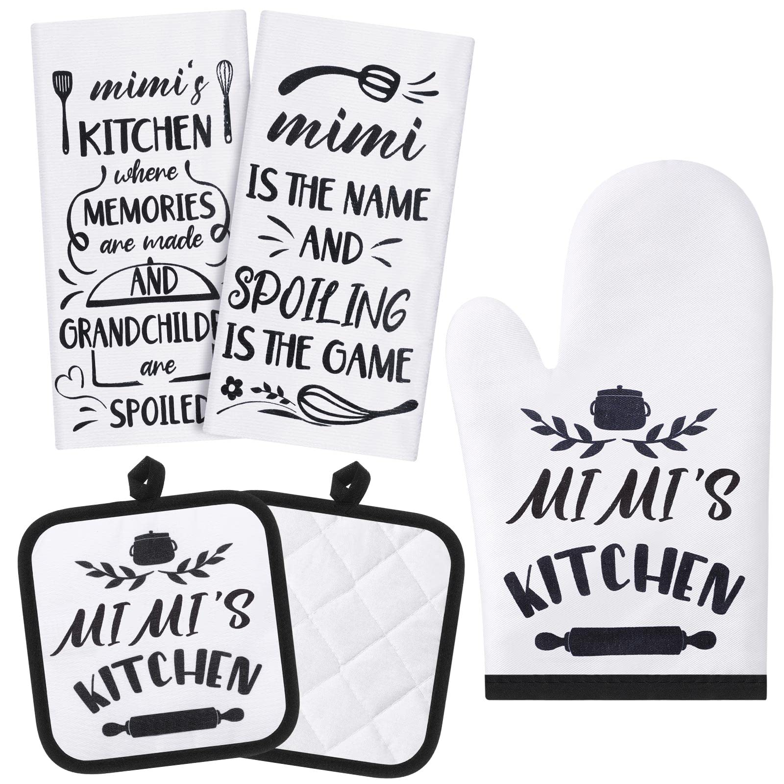 5-Piece Mimi Style Kitchen Gift Set - 2 Microfiber Dish Towels, 2 Oven Pads & 1 Oven Mitt - Perfect for Christmas, Housewarming, Birthdays & Parties - Ideal for Cooking, Baking & Kitchen Decor