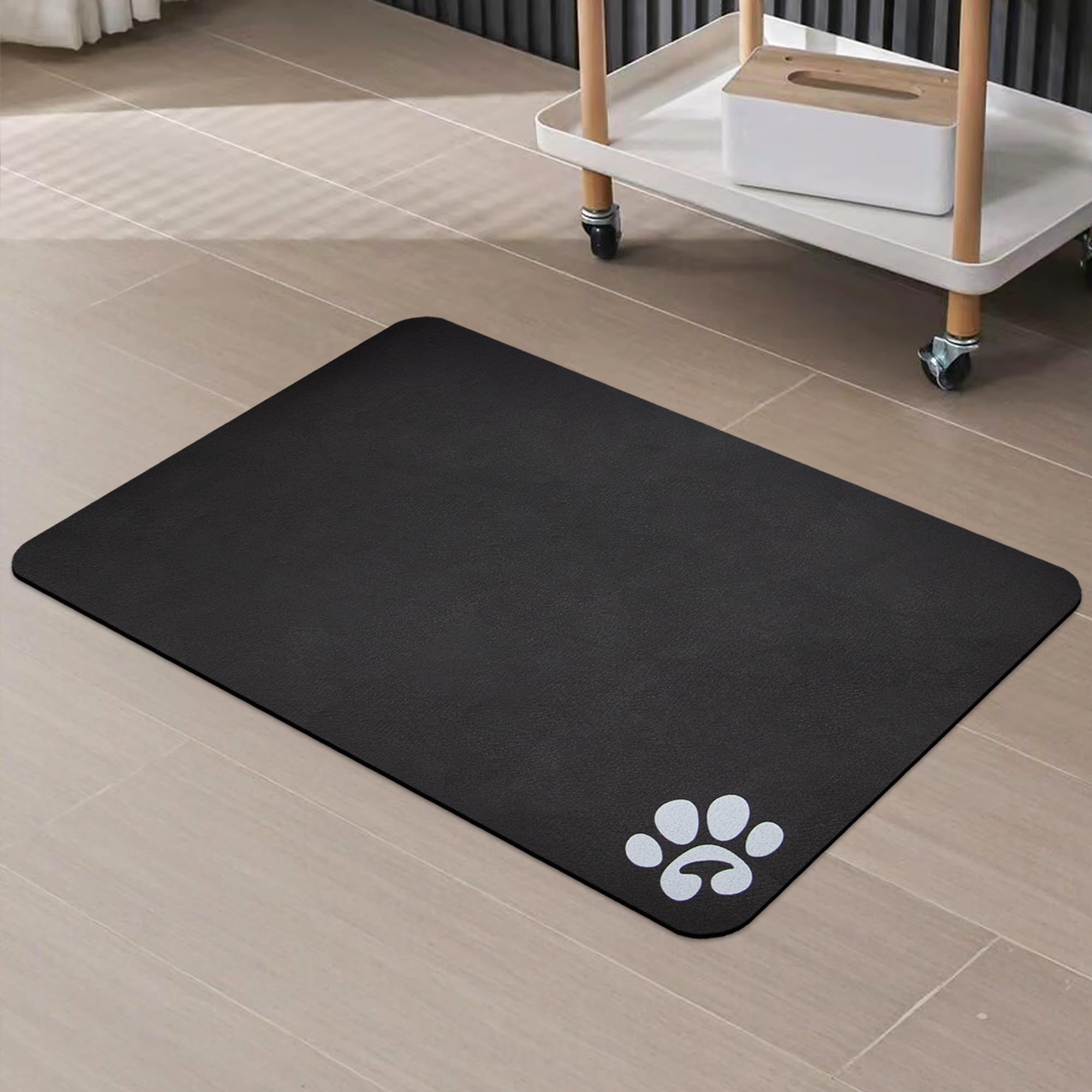 Non-Slip Super Absorbent Pet Feeding Mat for Cats & Dogs - 24x16.9 Inch Waterproof Food Bowl Mat with Footprint Design - Perfect for Messy Eaters, Spill Protection & Easy Cleanup - Ideal for Kitchen, Floor or Travel Use (Black)