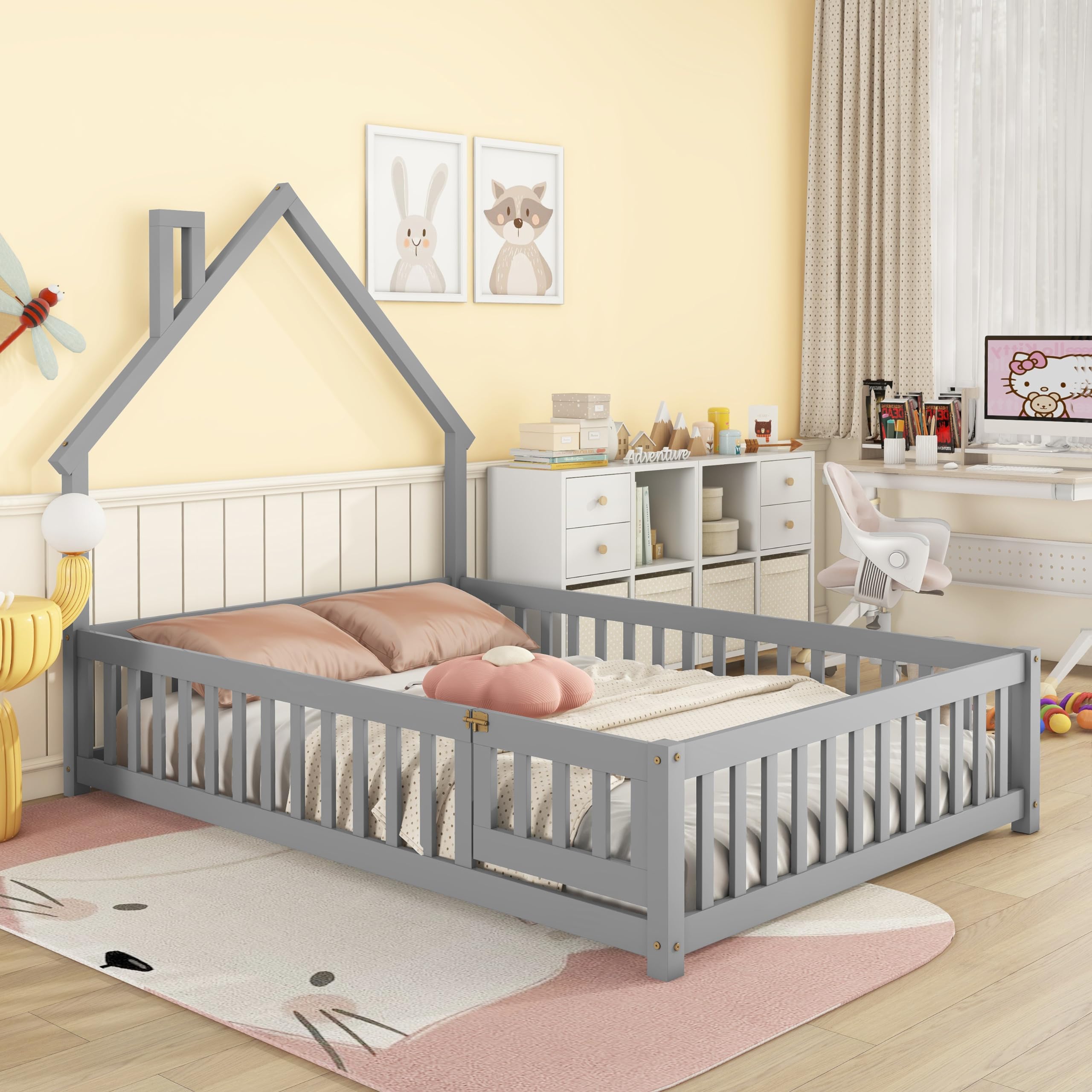 Montessori Full Size Floor Bed for Kids with House-Shaped Headboard, Safety Fence & Door - Grey House Bed Frame for Girls & Boys - Perfect for Bedrooms, Playrooms & Montessori Learning Spaces