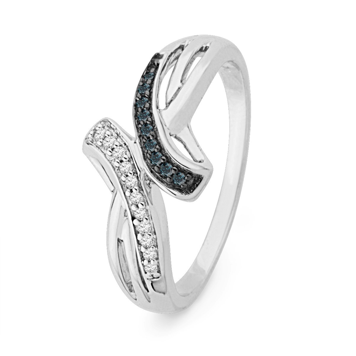 10KT White Gold Blue & White Round Diamond Bypass Ring (1/10 CTTW) - Elegant Wedding Band, Anniversary Gift, Engagement Jewelry for Women