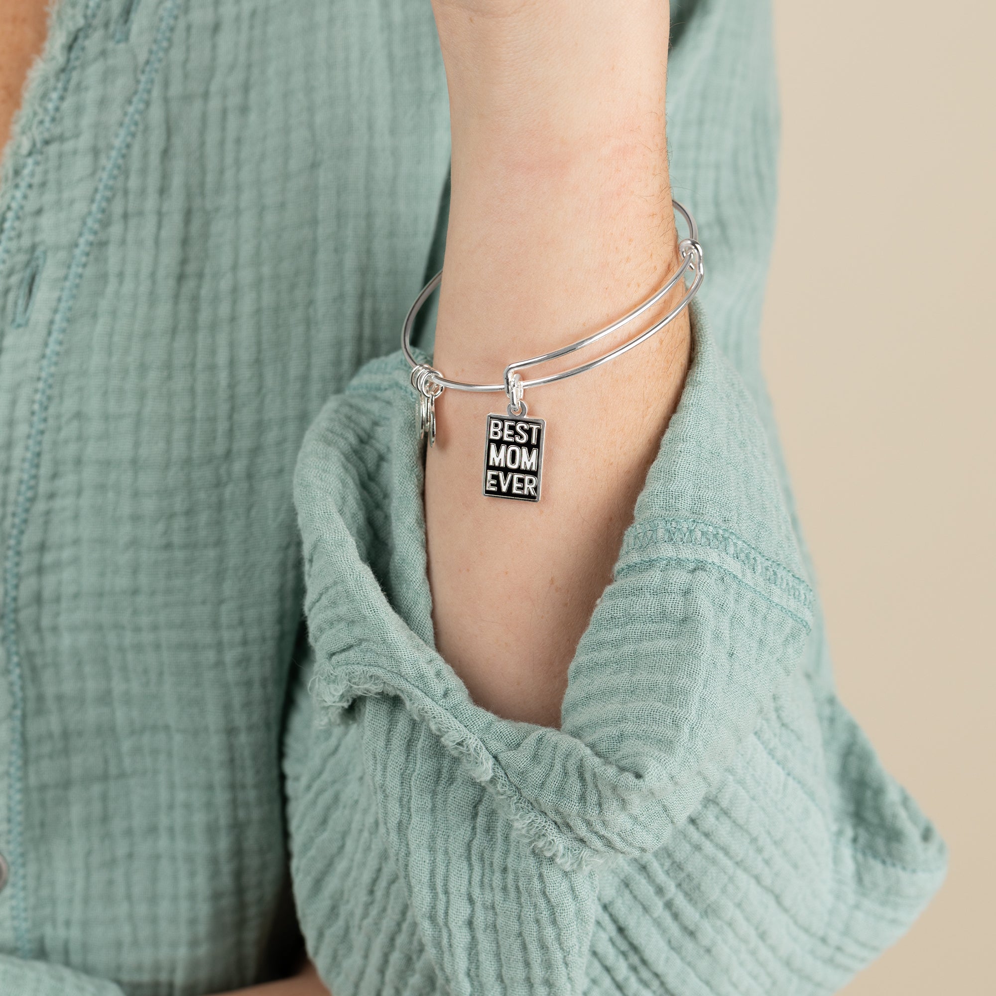 Best Mom Ever Charm Bangle - Sterling Silver Adjustable Bracelet for Women - Perfect Gift for Mother's Day, Birthday & Anniversary
