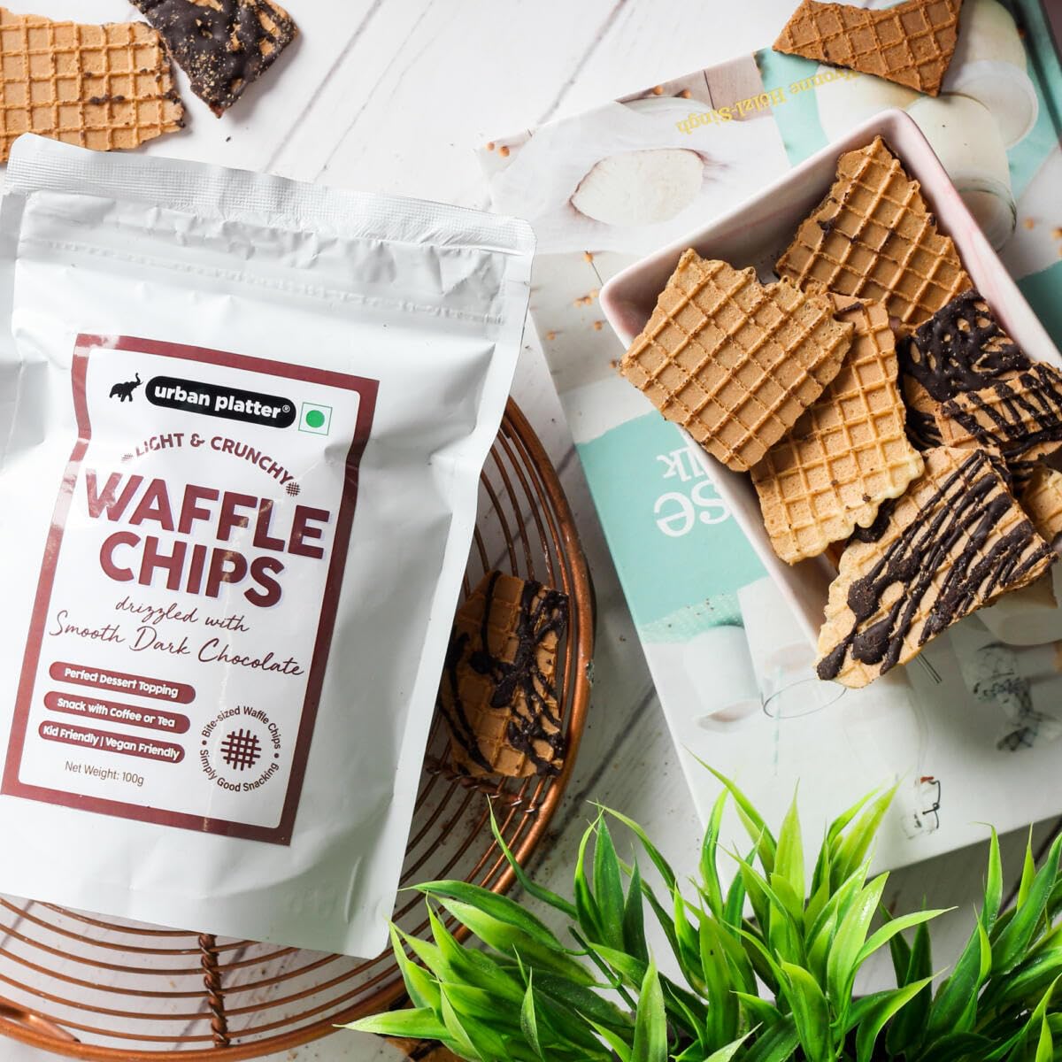 Urban Platter Chocolate Flavor Choco Drizzle Waffle Chips - Crunchy Tea Time Snack & Dessert Topping (120g) | Kid-Friendly, Light & Fun Treat for Parties, Movie Nights & Afternoon Tea