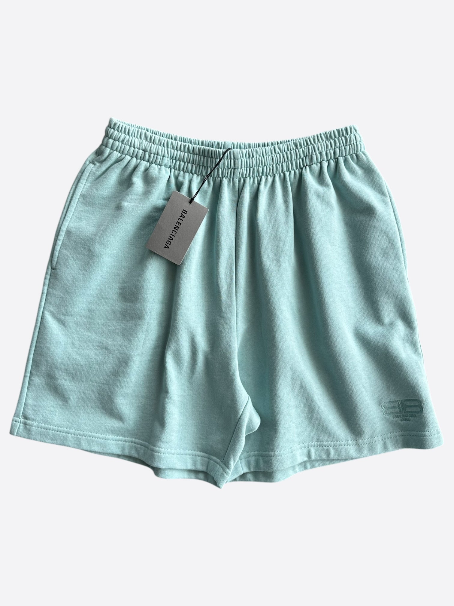 Balenciaga Turquoise BB Embroidered Logo Shorts for Women - High Waist Casual Summer Shorts with Designer Branding - Perfect for Beach, Vacation and Streetwear Fashion