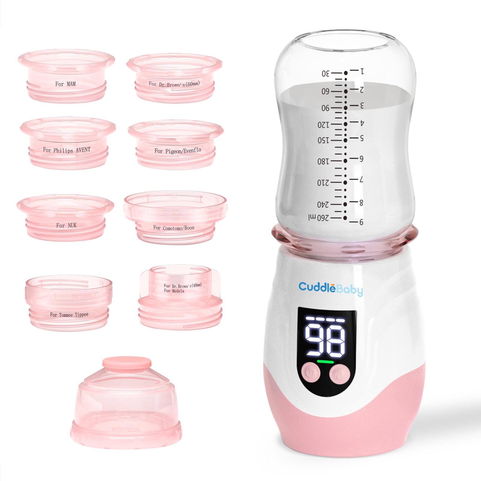 Portable Cordless Baby Bottle Warmer - Rechargeable Travel Bottle Heater with 8 Adapters & Milk Powder Container | Fast Heating for Breast Milk & Formula | Compatible with Most Bottles (Pink) | Perfect for On-the-Go Parents, Road Trips & Air Travel