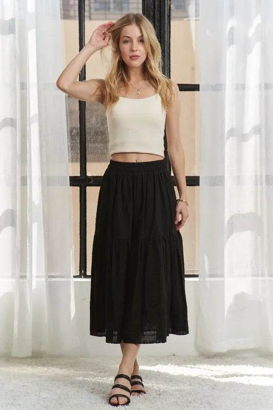 ADORA Women's Stretchy Elastic Waist Tiered Midi Skirt - Flowy A-Line Summer Skirt for Casual Wear, Office & Date Night