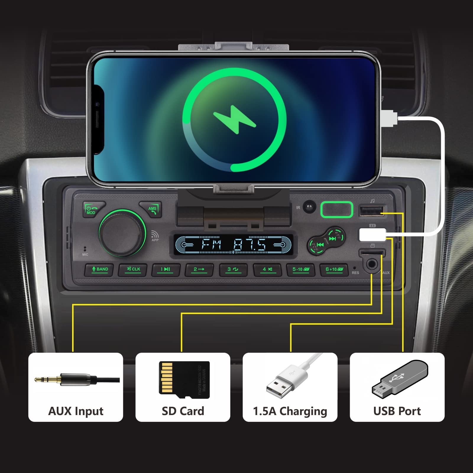 LXKLSZ Single Din Car Stereo with Bluetooth, App Control, MP3 Player, Hands-Free Calling, USB/FM/AM/TF/AUX Input, EQ Settings, Phone Holder & External MIC - Perfect for Commuting, Road Trips and In-Car Entertainment