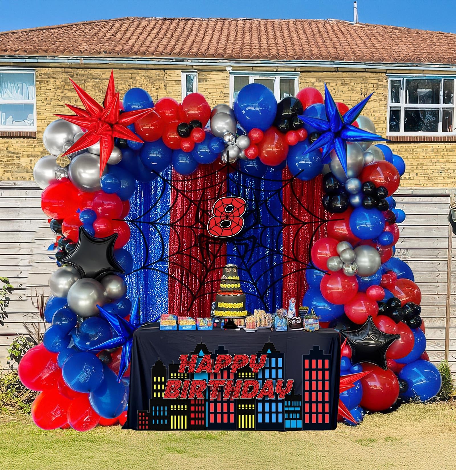 130PCS Blue Red Black Balloons Garland Arch Kit with Large Starburst Mylar Balloons - Spider Theme Birthday Party Decorations for Kids, Superhero Inspired Party Supplies | Perfect for Superhero Themed Birthday Parties, Baby Showers & Halloween Decor