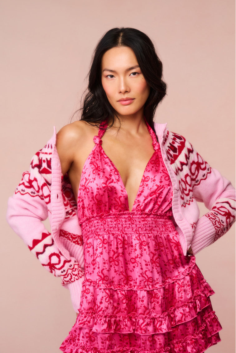 Quintelle Women's Silk Halter Mini Dress with Bow Print - Elegant & Flirty Summer Party Cocktail Dress for Beach, Date Night & Special Occasions