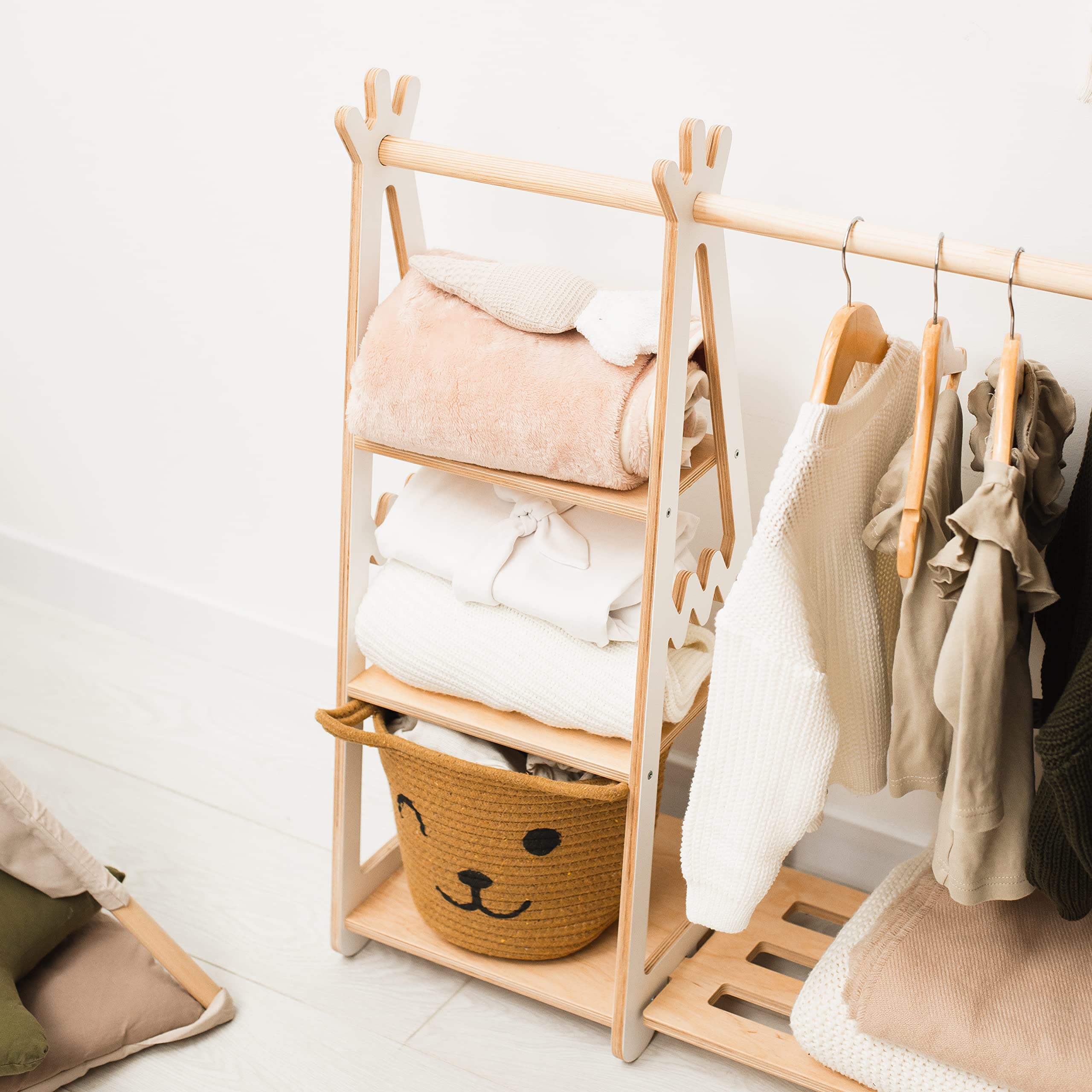 Montessori Teepee Style Kids Clothing Rack - Natural Wood Toddler Clothes Shelf with Shelves for Playroom & Nursery Storage - Perfect Gift for 2nd & 3rd Birthday (Pink) | Organize Baby Clothes, Toys & Neutral Room Decor
