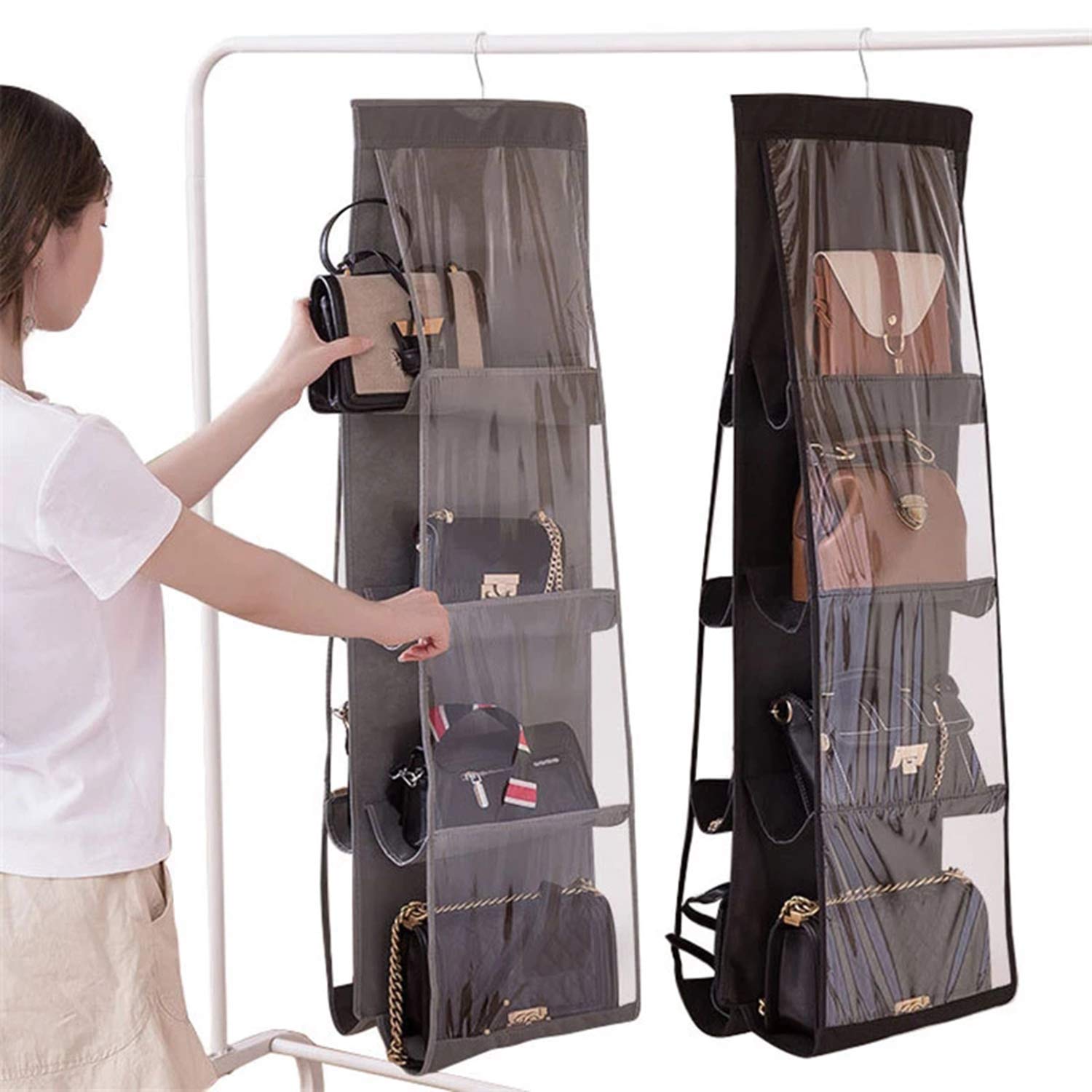 LJHNICEGOING 8-Pocket Hanging Handbag Organizer - Foldable Purse Storage Hanger with Universal Fit for Closet, Bedroom & Travel - Durable Oxford Cloth (Black) | Perfect for Home Organization & Space Saving