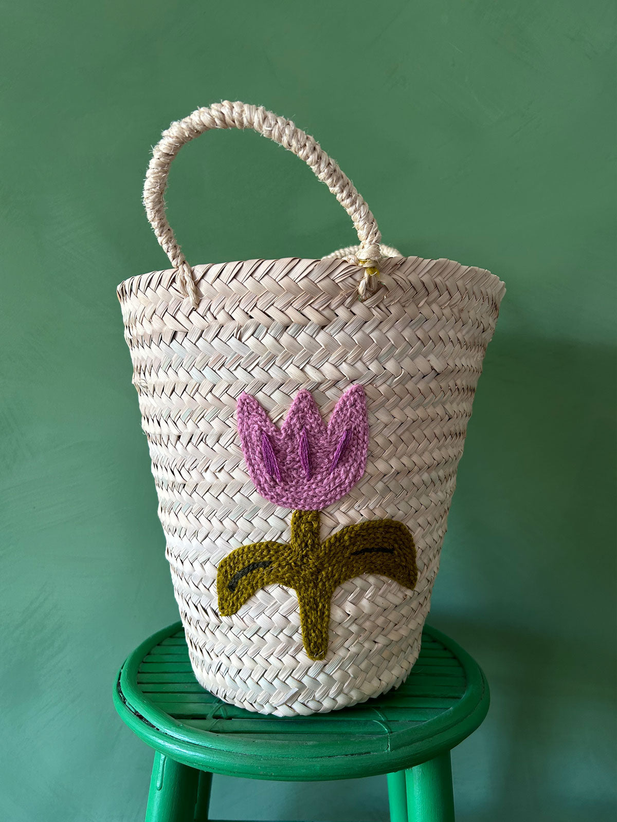 Handmade Embroidered Tulip Bucket Basket - Boho Home Decor, Picnic & Beach Accessory, Perfect for Storage, Laundry & Gift Giving