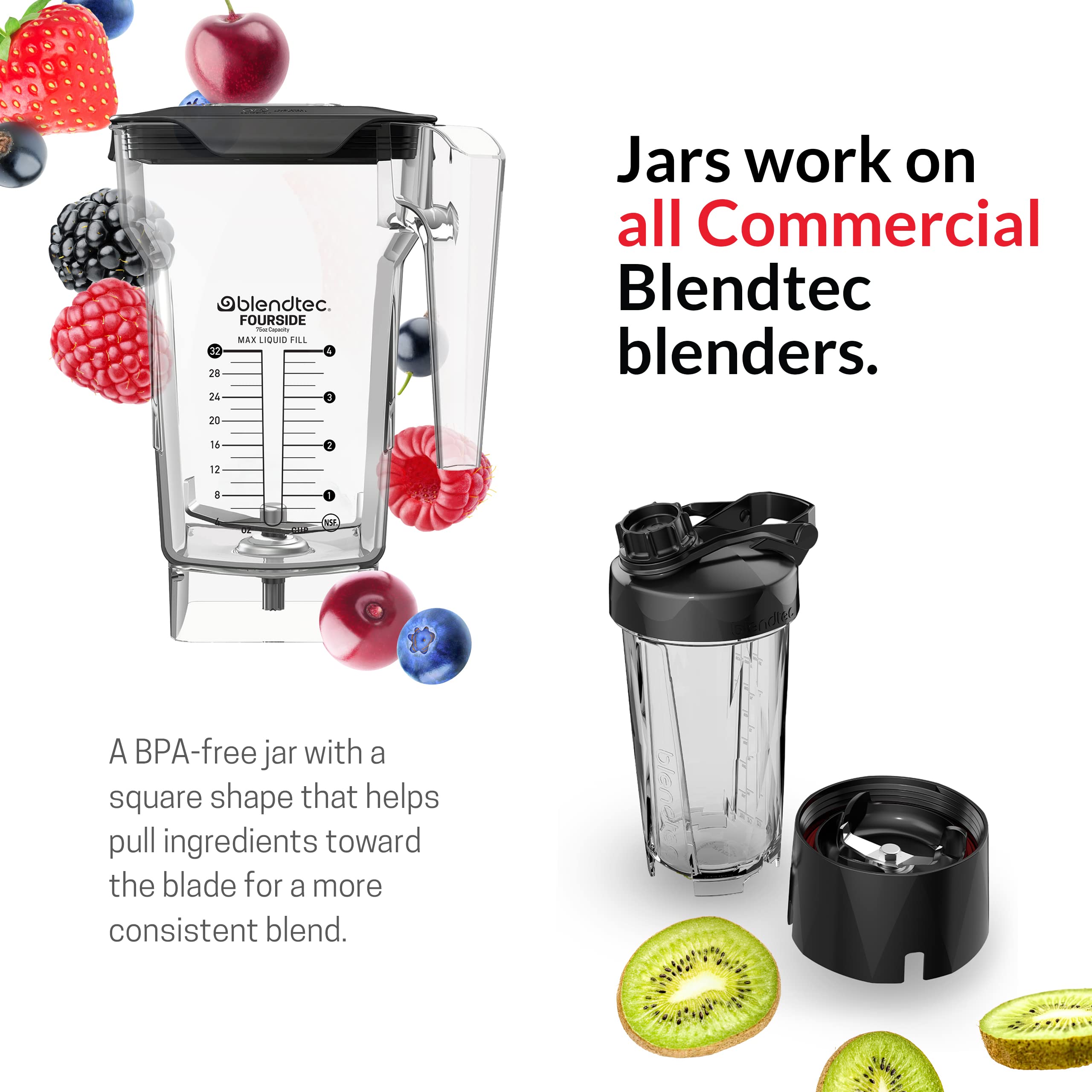 Blendtec 75 oz FourSide Commercial Blender Jar - 4-Sided Replacement Pitcher for Most Blendtec Blenders - 32 oz Blending Capacity - Clear Glass - Perfect for Smoothies, Soups & Nut Butters
