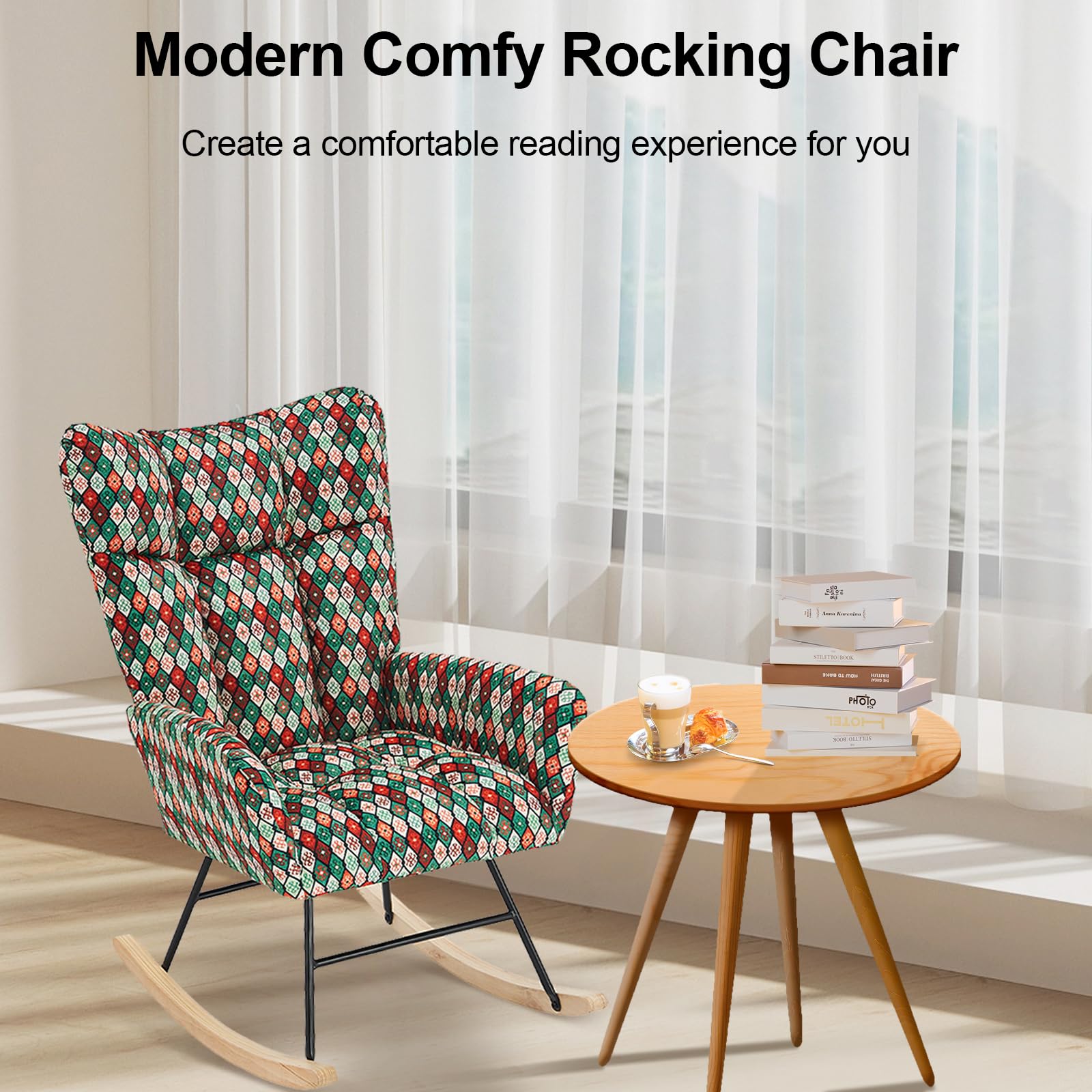**Solid Wood Nursery Rocking Chair with Soft Teddy Fabric Upholstery - Adjustable High Back Glider for Nursing, Reading & Relaxing - Perfect for Nursery, Living Room & Bedroom (Camouflage Design)**