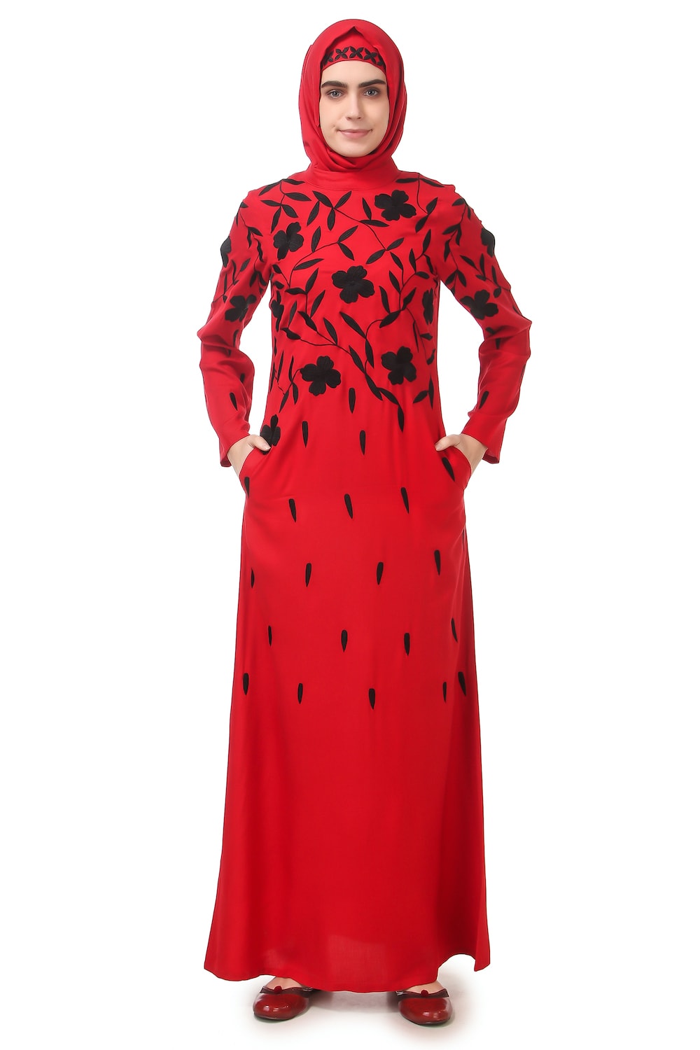 Elegant Black Floral Embroidery Red Rayon Abaya Dress for Women - Perfect for Eid, Ramadan, Wedding & Special Occasions