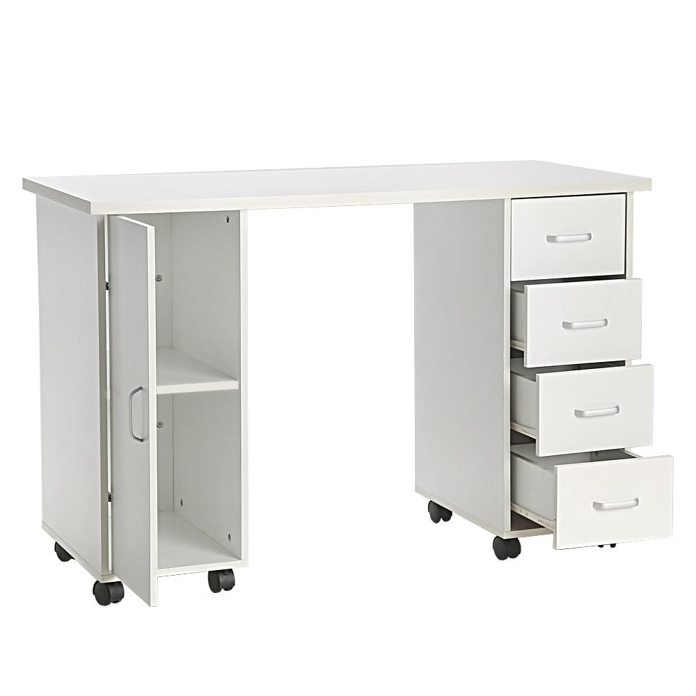 Lockable Wheels Computer Desk with Wrist Pad | 4-Drawer Study Desk with Side Cabinet for Office, Bedroom & Reading Room | White Ergonomic Workstation for Home Office, Gaming & Manicure Use