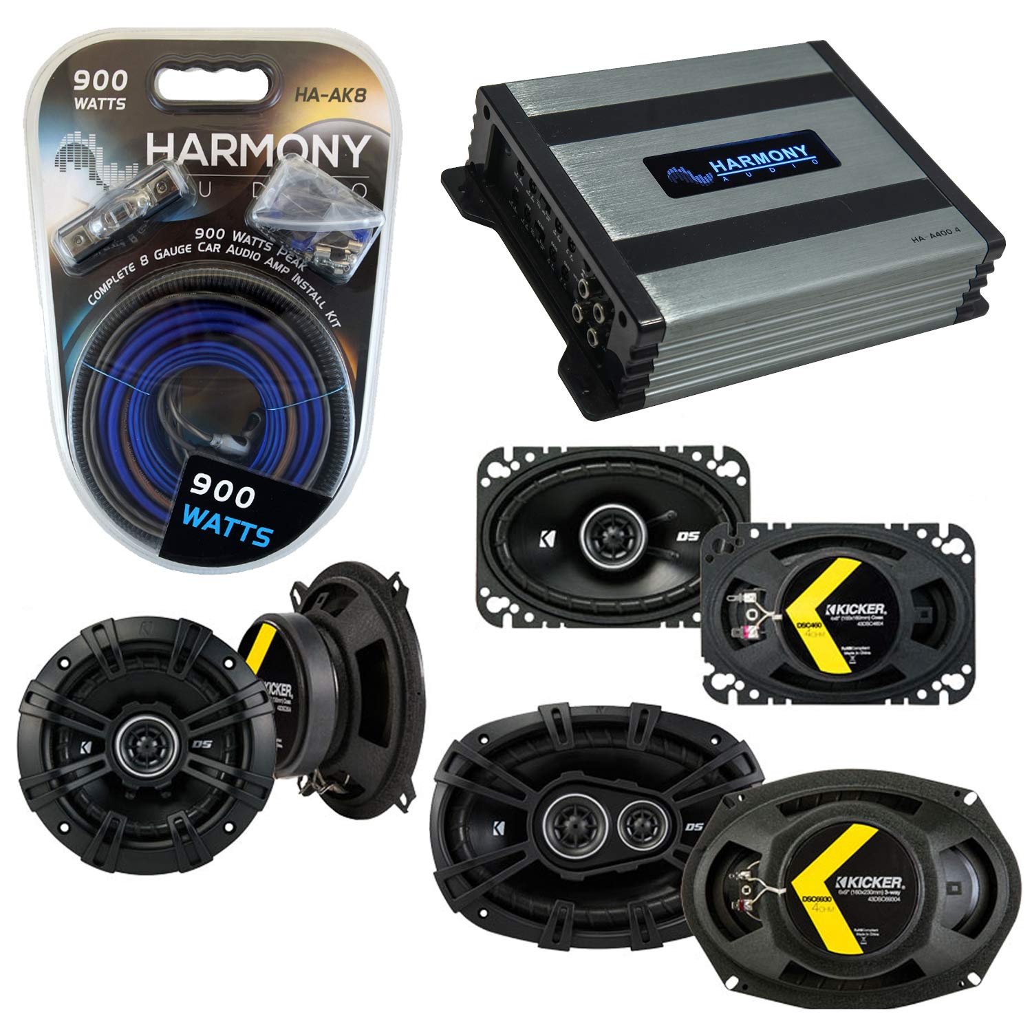 Kicker Speaker Replacement & Harmony HA-A400.4 Amp Audio Bundle - Compatible with 1985-1987 Cadillac Coupe DeVille | Car Audio Upgrade for Enhanced Sound Quality