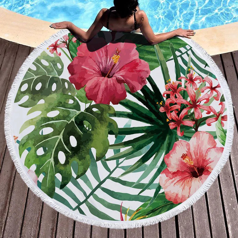Premium Hibiscus Round Beach Towel - Soft, Absorbent & Quick-Dry for Pool, Sand & Sunbathing - Tropical Floral Design for Summer Vacations