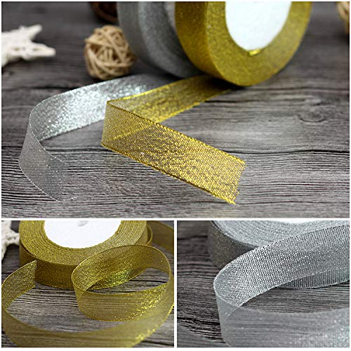 50 Yard Silver & Gold Ribbon for Christmas Tree Decorations, Gift Wrapping, Hair Bows, Floral Crafts - 4/5 Inch Wide - Perfect for Holiday DIY Projects, Party Decor, and Wedding Bouquets