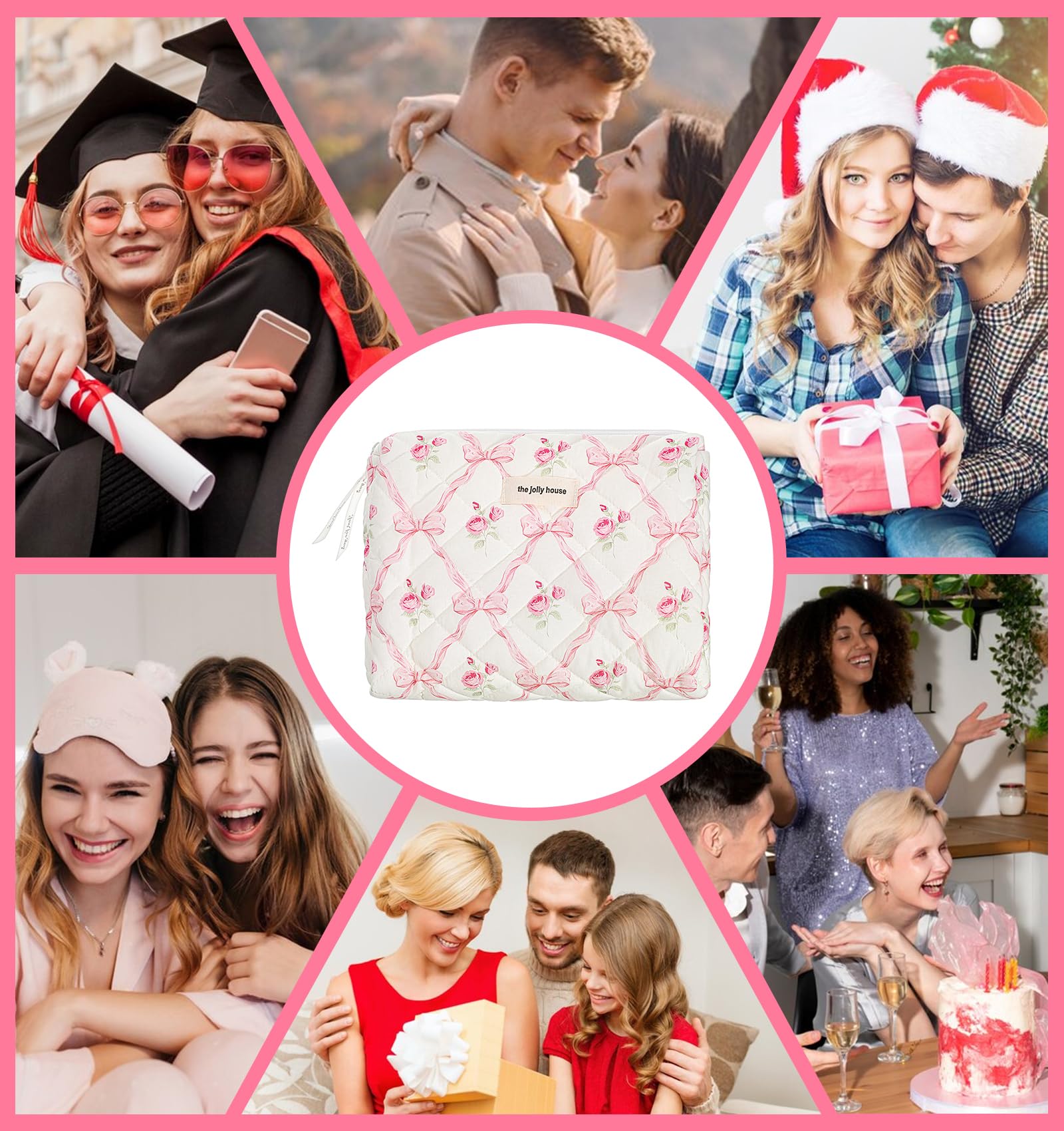 Floral Makeup Bag for Women - Large Quilted Cosmetic Pouch with Pink Bow Design, Travel Toiletry Organizer for Girls | Perfect for Travel, Gym & Everyday Essentials Storage